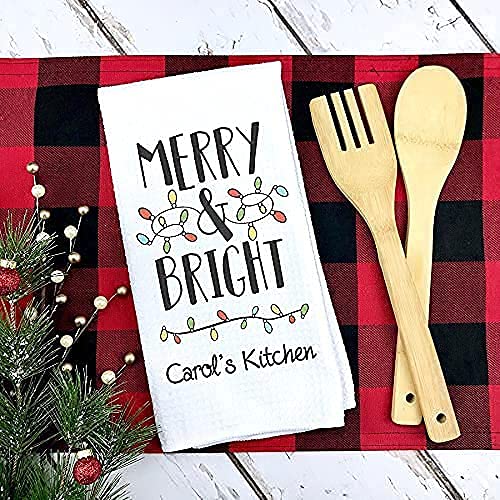 Custom Merry and Bright Christmas Dish Towel - Personalized Holiday Kitchen Towel Set | Housewarming & Christmas Gift for Women | Absorbent Cotton Towels for Baking, Cooking & Decor | Festive Holiday Home Decor