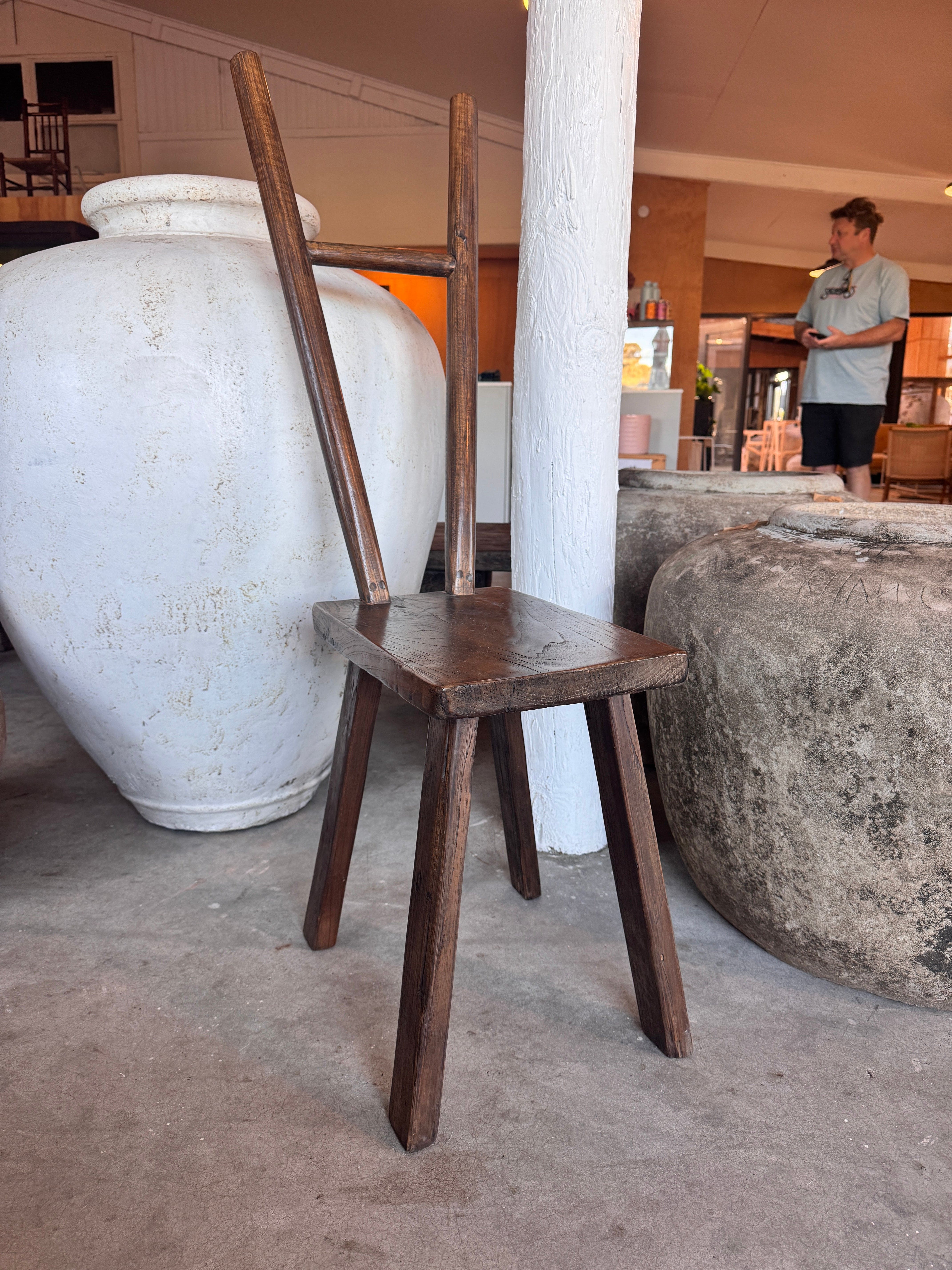 Handcrafted Teak Wood Stool with Back Support - Rustic Home Decor, Outdoor Patio Furniture, Bar Stool for Kitchen & Garden Use