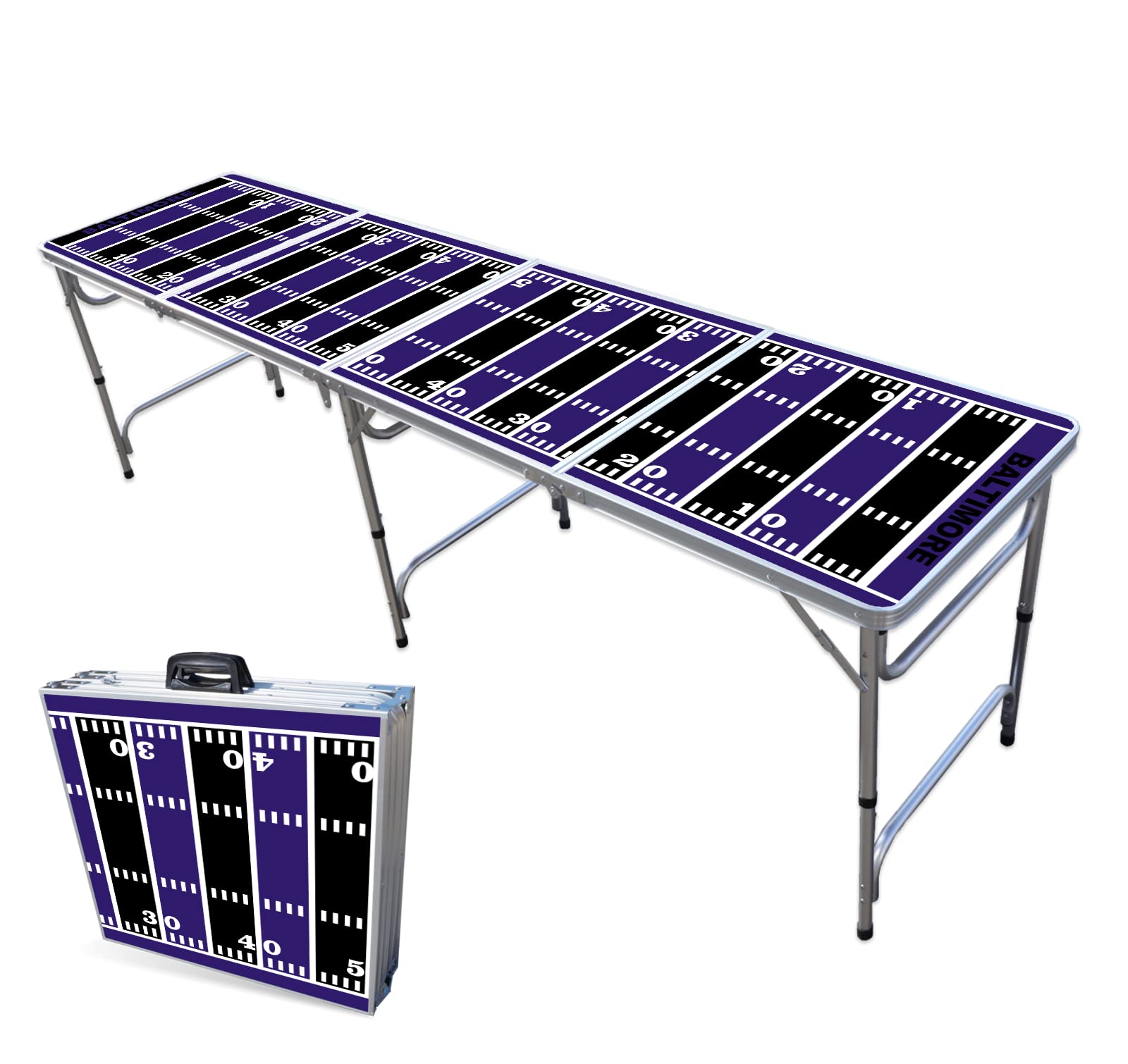 8-Foot Folding Portable Beer Pong Table with Cup Holders & LED Lights - Baltimore Ravens Football Field Design - Perfect for Tailgating, Parties & Outdoor Games (Choose Your Size)