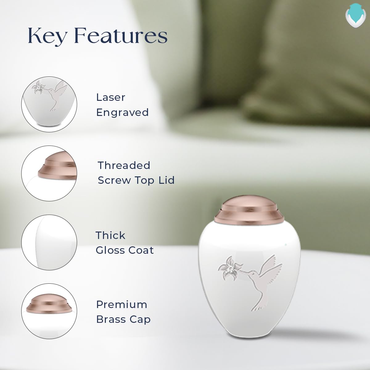 Beautiful White & Rose Gold Hummingbird Keepsake Urn for Ashes - Memorial Cremation Urn for Loved Ones - Perfect for Home Display & Funeral Services