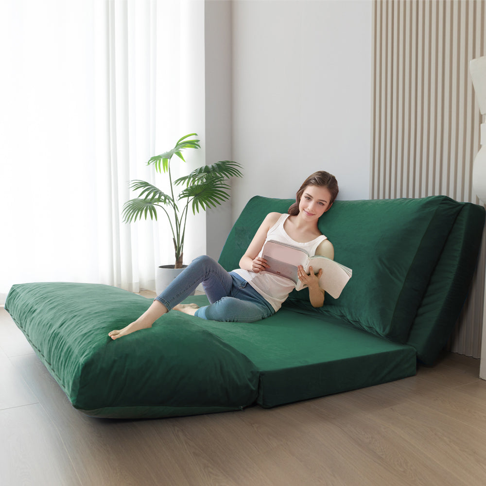 MAXYOYO Velvet Bean Bag Folding Sofa Bed - Washable Cover for Adults, Green | Portable Floor Lounger for Living Room, Bedroom & Dorm