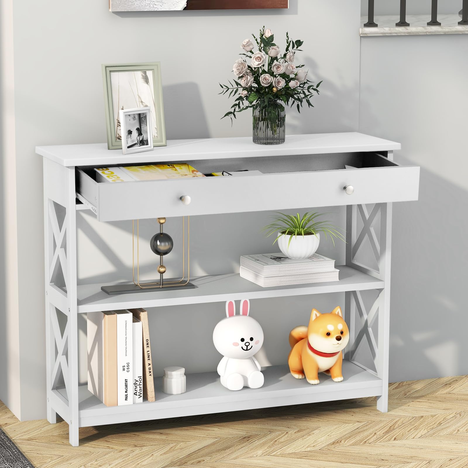 GOFLAME 3-Tier Narrow Sofa Table with Large Drawer & 2 Open Shelves, Modern Wooden Console Table for Entryway, Hallway & Living Room - Stylish Storage Solution for Small Spaces (White) | Perfect for Organizing Keys, Decor & Essentials in Compact Areas