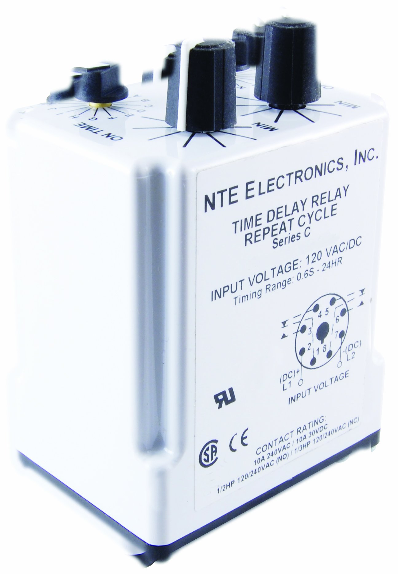 NTE Electronics R38-11A10-120L Series R38 AC Operated DPDT Time Delay Relay (3.0-300 Sec, 10A, 8 Pin, 120VAC) - Perfect for Industrial Automation, HVAC Systems, and Electrical Control Panels
