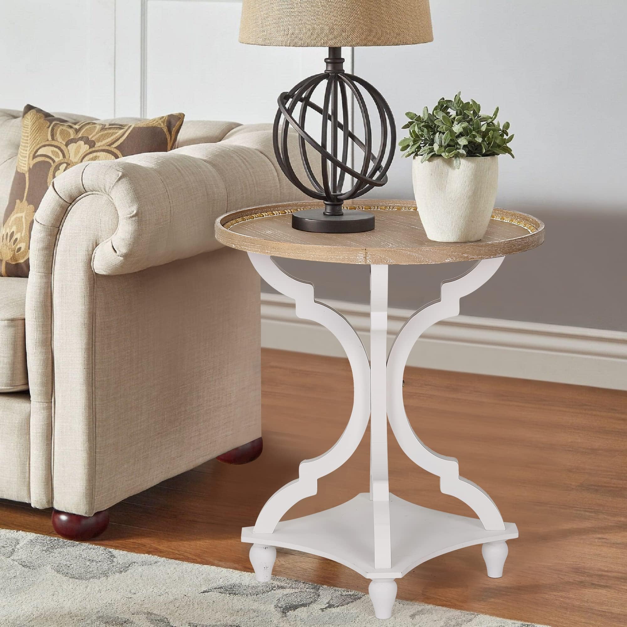Wnutrees Farmhouse Round Accent End Table Set of 2 - Rustic Wood Side Table & Nightstand with Tray Top, Handcrafted White Finish - Perfect for Living Room, Bedroom & Cozy Home Decor
