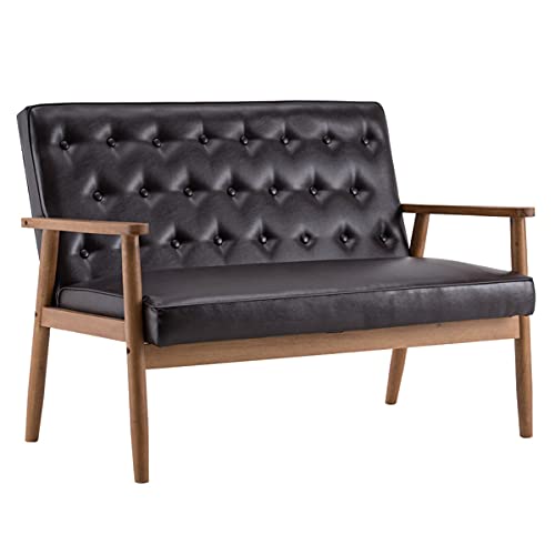 KAAYEE Modern Accent Chair - Retro Style PU Leather Club Chair with Rubberwood Frame & Spring Seat - 49.61 x 27.95 x 33.07 Inches - Black/Brown - Perfect for Living Room, Bedroom & Home Office - Cozy Reading Nook & Conversation Seating