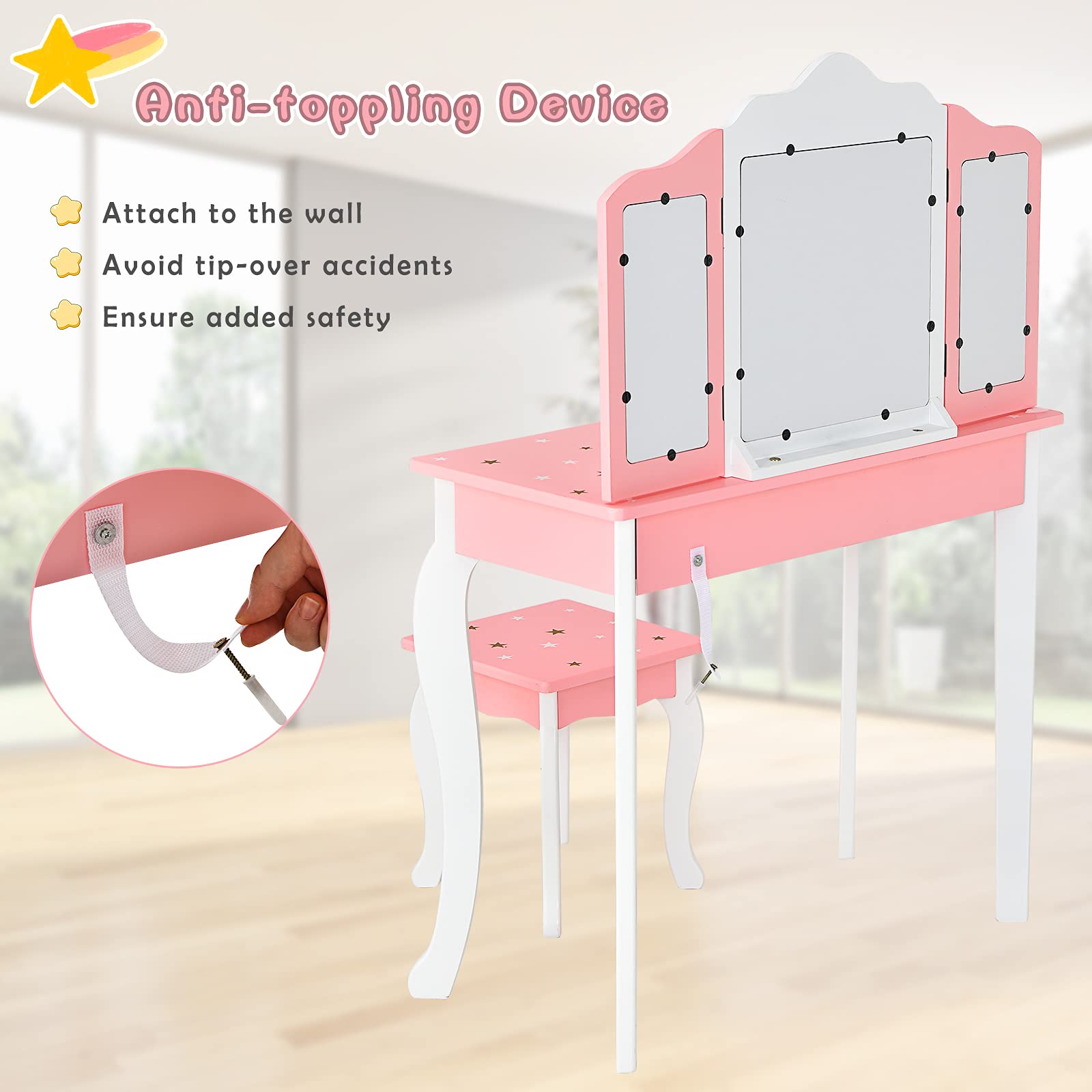 Princess Makeup Vanity Set for Girls with Mirror & Stool - Pretend Play Dress Up