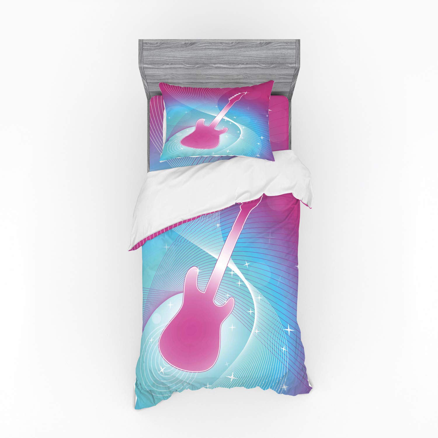 Ambesonne Hot Pink Guitar Print 3-Piece Duvet Cover Set - Twin Size Bedding with Sham & Fitted Sheet, Vibrant Music-Themed Abstract Design in Pink & Aqua - Perfect for Teen Bedrooms, Music Lovers & Dorm Decor