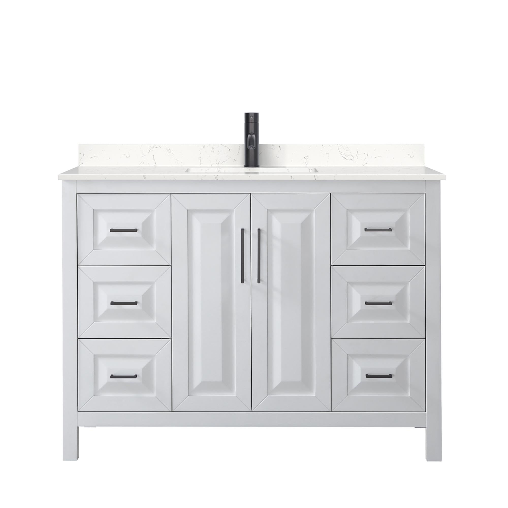 Wyndham Collection Daria 48 Inch White Bathroom Vanity with Light-Vein Carrara Cultured Marble Countertop & Undermount Square Sink - Matte Black Trim - Perfect for Modern Bathrooms, Master Suites & Home Renovations