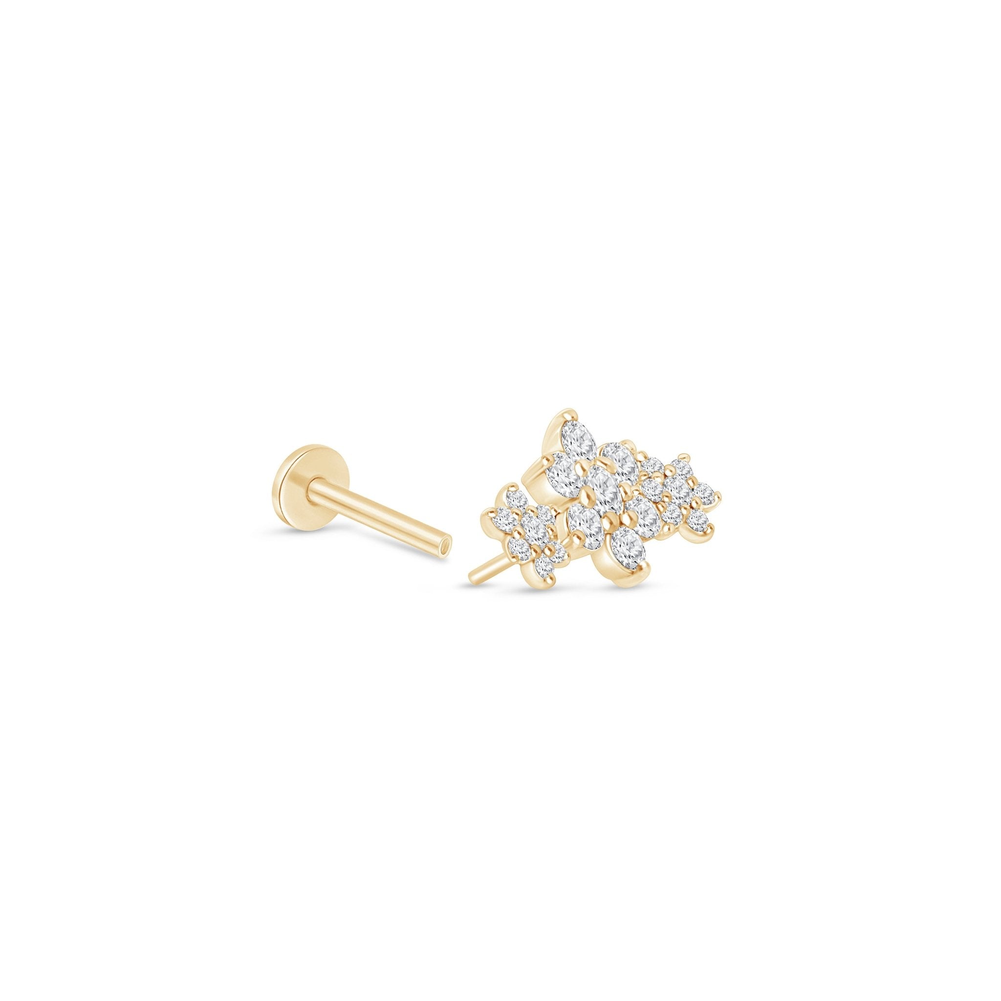 14K Yellow Gold Diamond Three Flower Garland Flat Back Stud Earrings - Elegant Floral Jewelry for Women, Perfect for Weddings, Parties & Everyday Wear