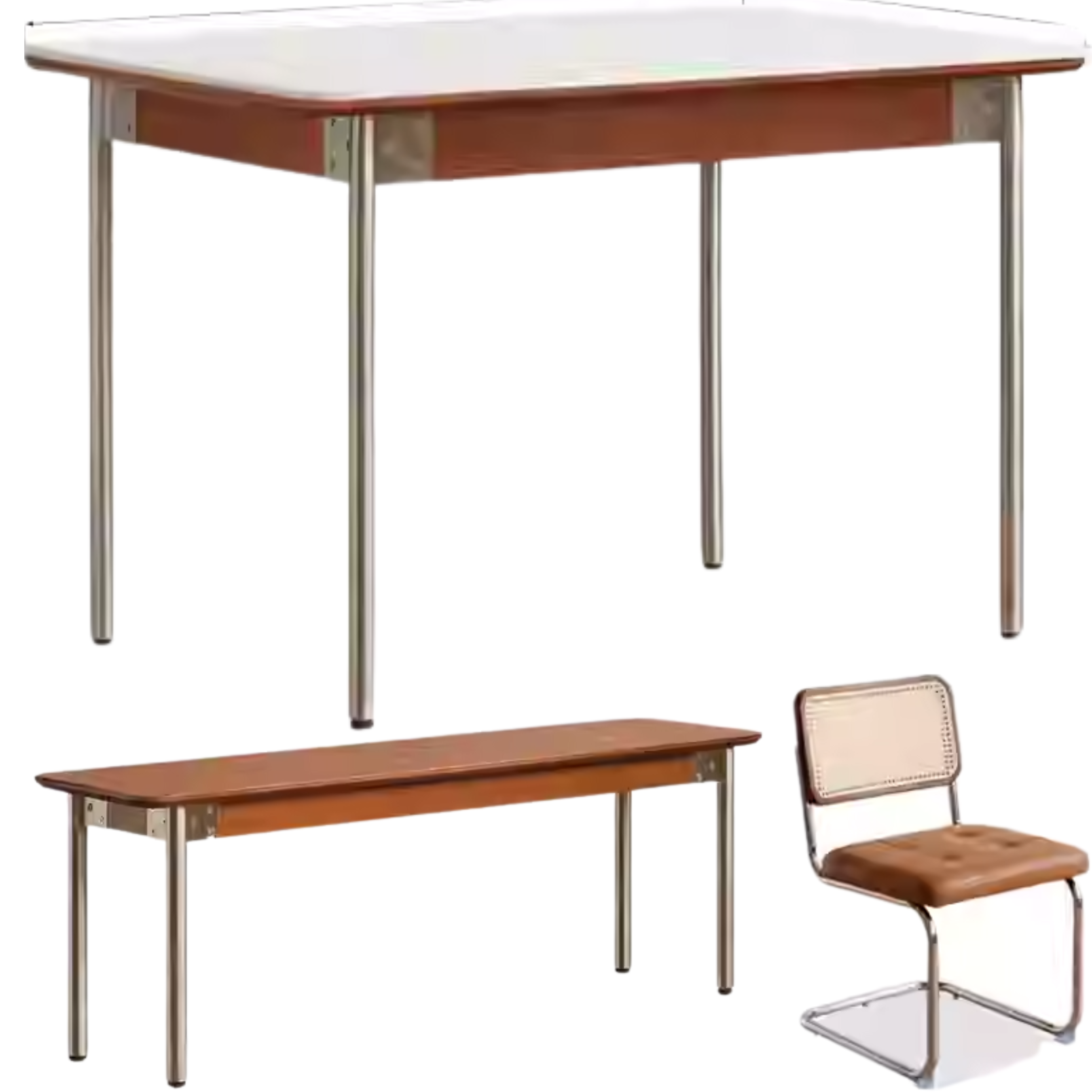 47.2x31.5x29.9 inch /  120.4x80x75 сm /Teak Color/ Ivory white rock board table and two chairs in sunset orange color and long bench (47.2 inch/ 120 cm)