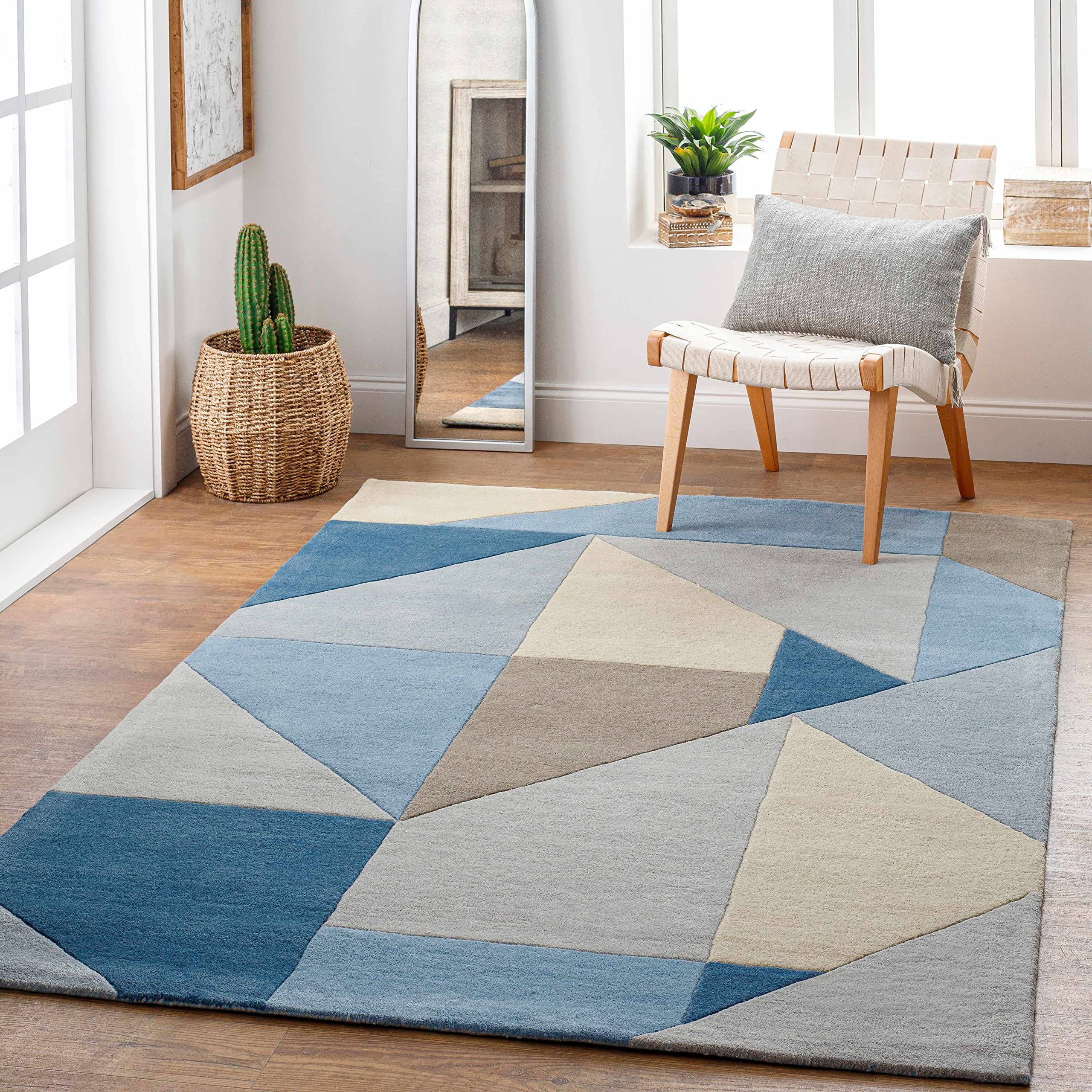 Hauteloom Tulunan Wool Area Rug - Modern Geometric Design in Blue & Gray - 8' x 10' - Soft & Durable for Living Room, Bedroom, Office - Perfect for Home Decor & Cozy Spaces