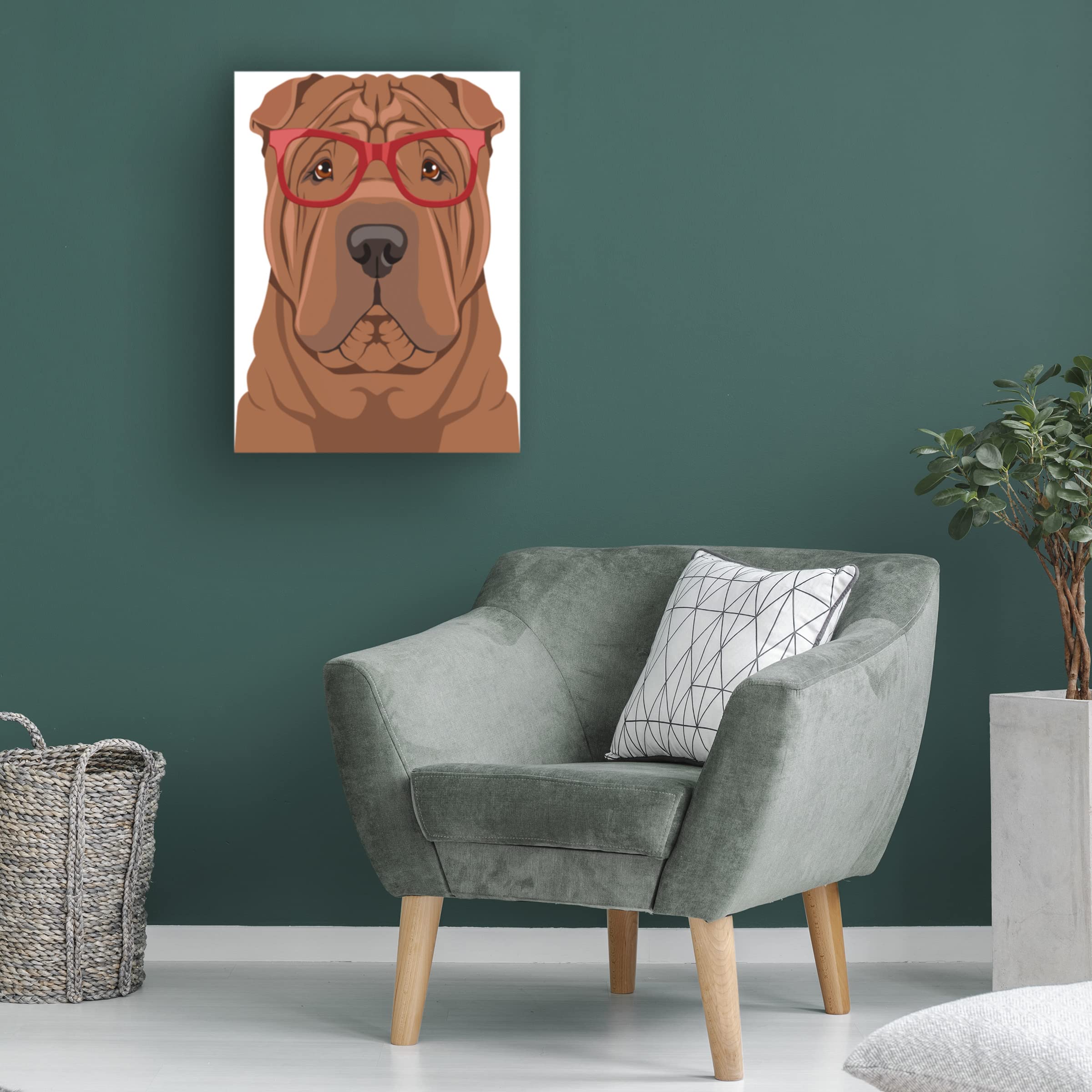 Trademark Fine Art 'Shar Pei Wearing Hipster Glasses' Canvas Wall Art Print - Modern Dog Portrait Decor for Living Room, Bedroom & Office