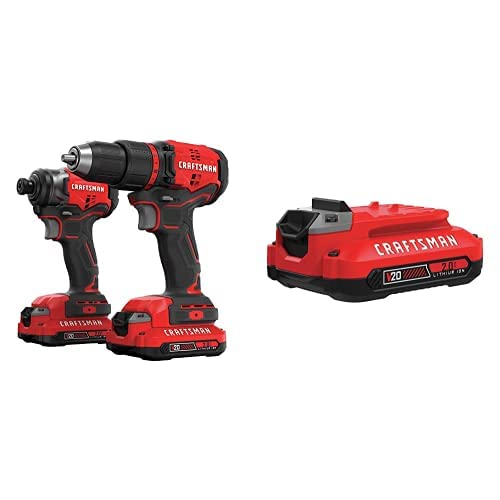 CRAFTSMAN V20 Cordless Drill Combo Kit with 2 Tools & Extra 2.0Ah Lithium-Ion Battery (CMCK210C2 & CMCB202) - Perfect for DIY Projects, Home Repairs, and Professional Construction Work
