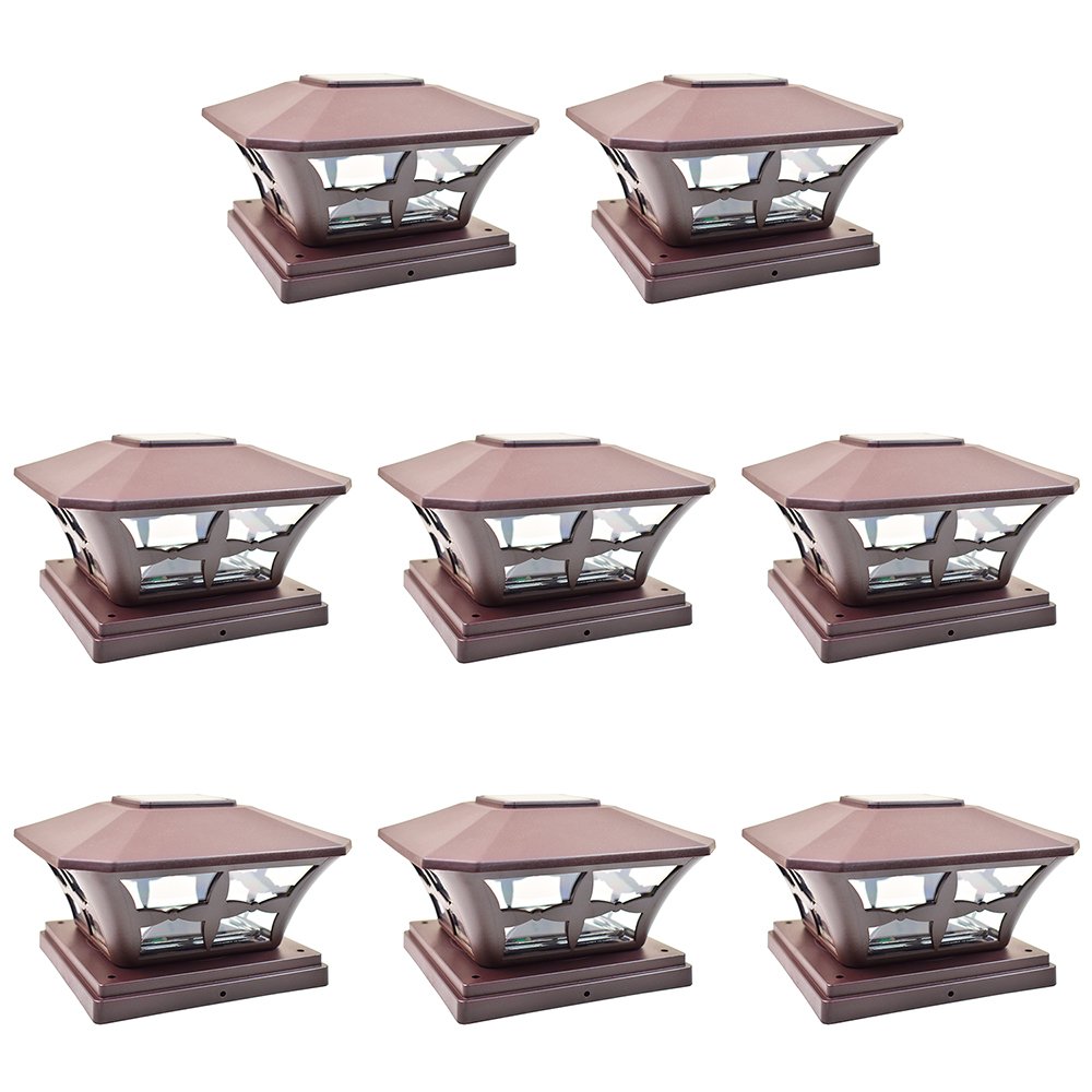 8 Pack Brown Solar LED Fence Lights - 6x6 Inch Outdoor Garden Landscape Lighting, Waterproof PVC Vinyl Wood Post Cap Lights for Deck, Pathway, Yard & Garden Decor (Solar Powered)
