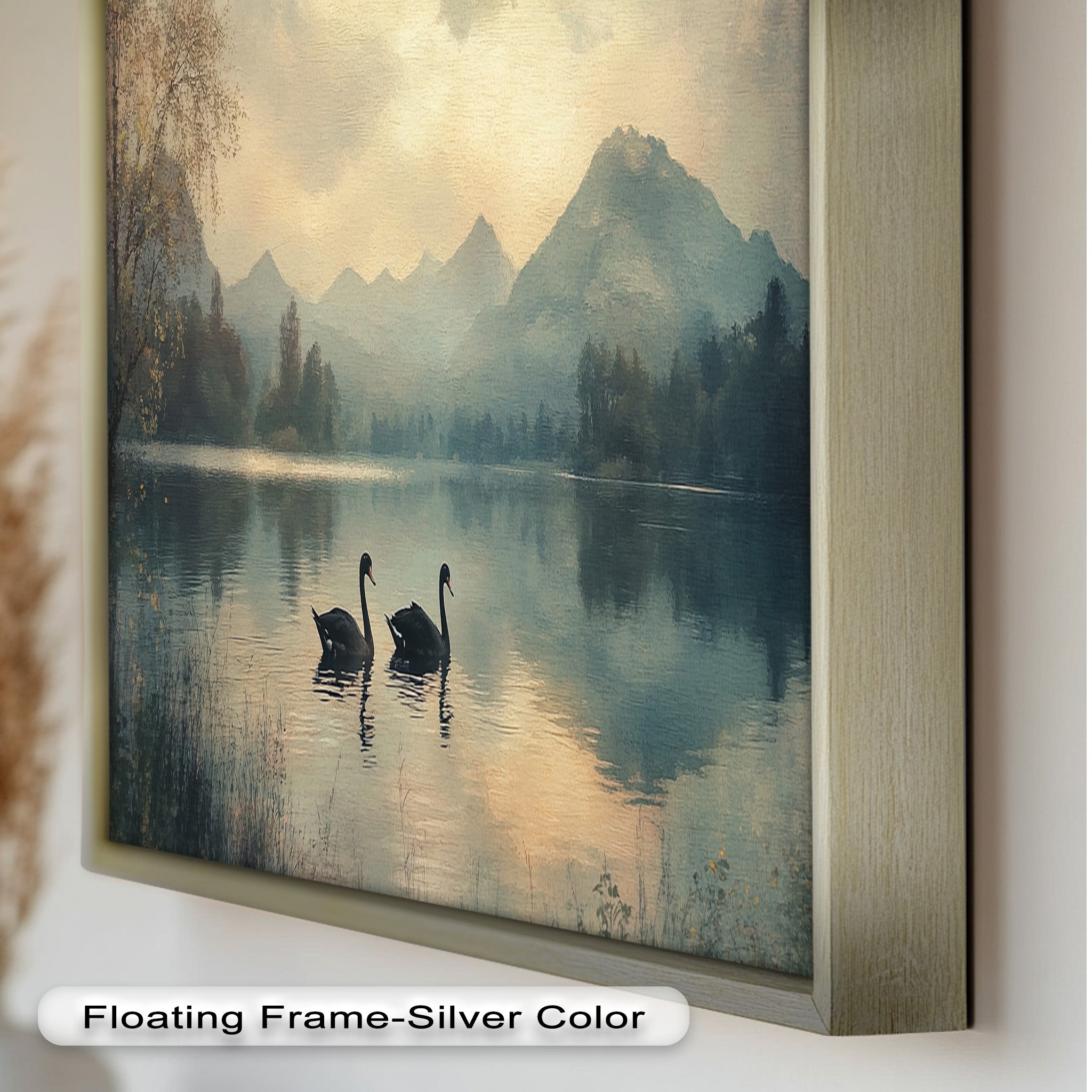 Black Swans on a Mountain Lake - Modern Oil Painting Wall Art for Living Room, Bedroom & Office Decor | Handmade Canvas Artwork | Nature Inspired Home Decoration