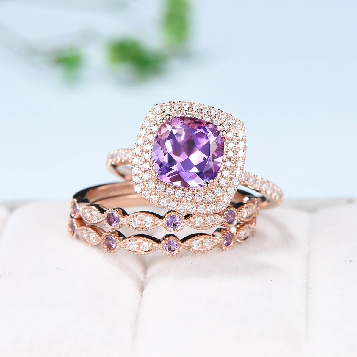 Amethyst Diamond Wedding Ring Set in Rose Gold - Vintage Double Halo Engagement Ring for Women, Anniversary Gift - Perfect for Bridal Jewelry, Wedding Bands & Special Occasions