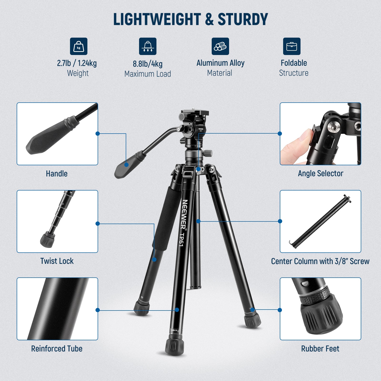 NEEWER TP61 Lightweight Aluminum Travel Tripod for DSLR Cameras - Compact & Portable for Vlogging, Photography, and Outdoor Adventures