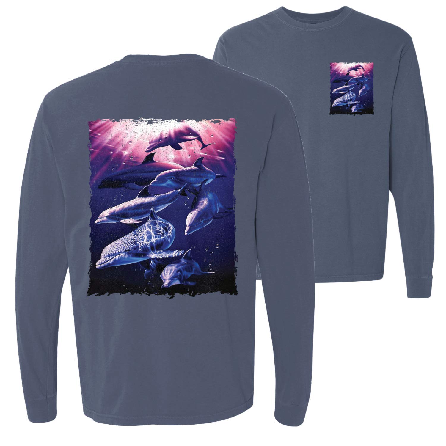 Whale & Dolphin Nautical Animal Lover Long Sleeve T-Shirt - Front & Back Garment-Dyed Design for Ocean Enthusiasts | Perfect for Beach Trips, Marine Conservation Events & Casual Wear