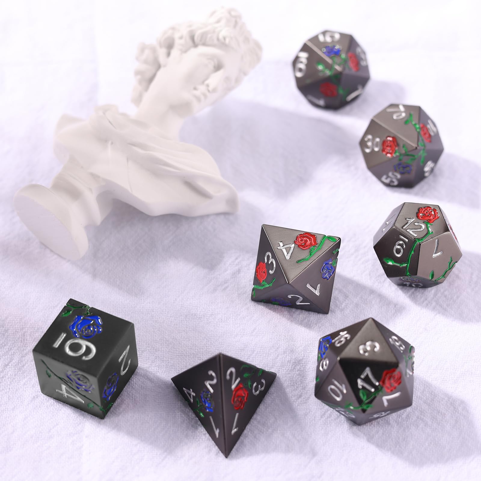 Premium DND Metal Dice Set - Hand-Painted Rose Polyhedral Dice for Dungeons & Dragons, MTG, RPG Tabletop Games | Gift Box Included (Black, Red, Blue Roses) - Perfect for Campaigns, Character Rolls & Game Nights
