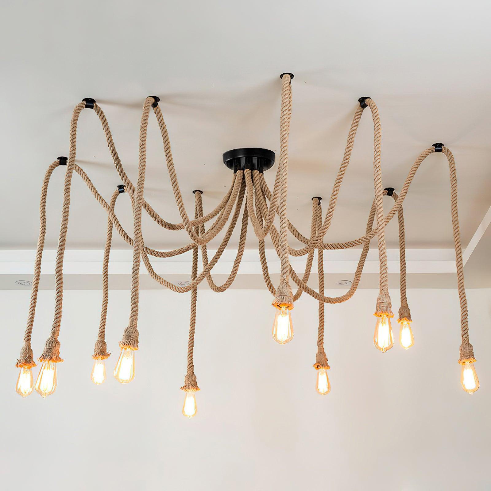 Natural Hemp Rope Scattered Flower Chandelier - Boho Home Decor for Living Room, Bedroom, or Wedding Venue