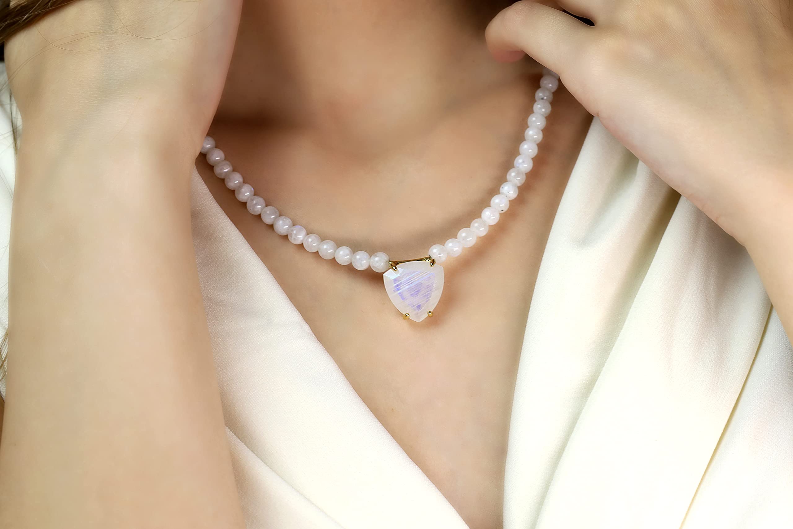 Beaded Moonstone Necklace with Trillion Cut Pendant - 14K Gold Vermeil Gemstone Jewelry for Women - June Birthstone Gift, Bridal Necklace | Perfect for Weddings, Anniversaries & Special Occasions