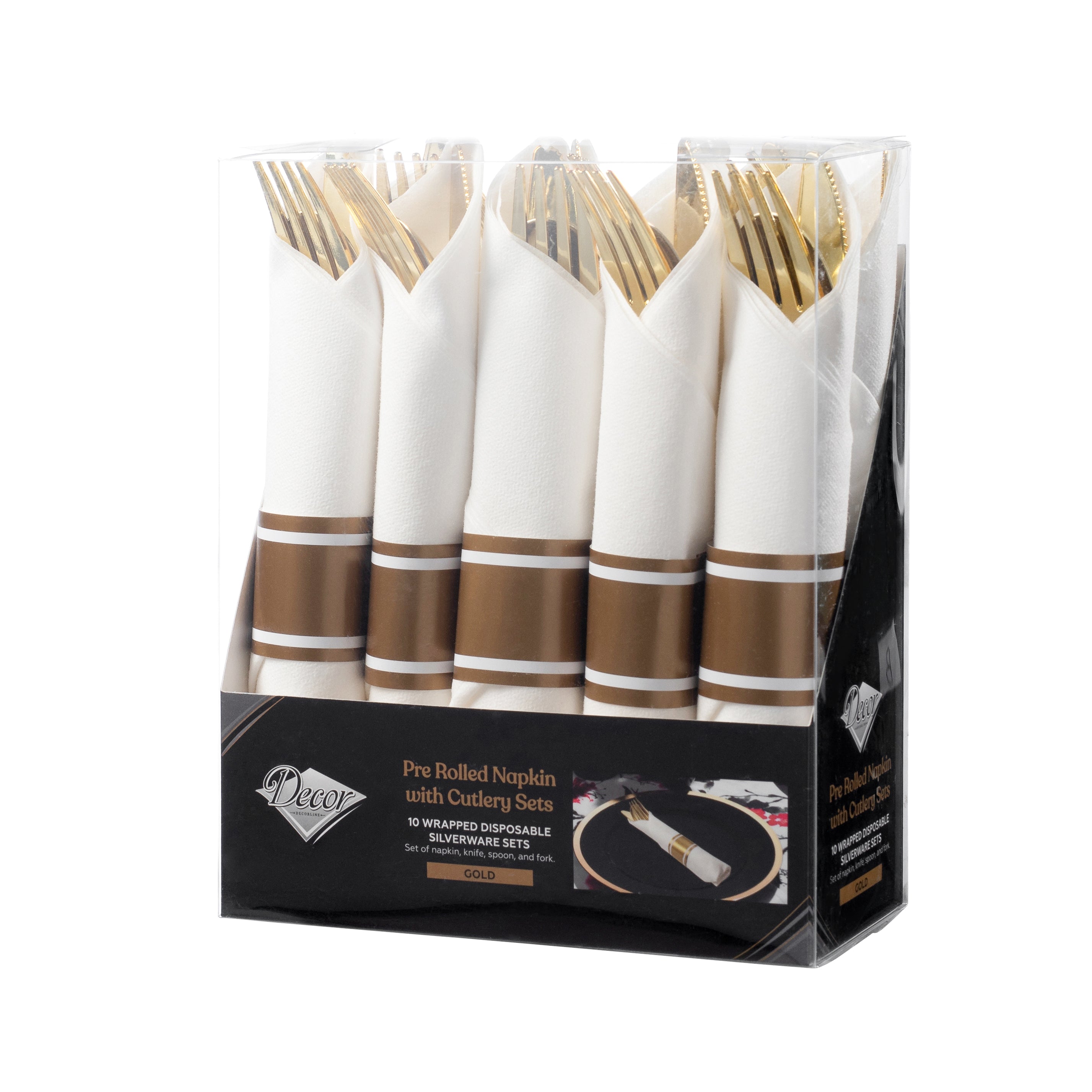 Premium Gold Disposable Plastic Cutlery Set - 10-Piece White Napkin Roll Tableware Kit for Parties, Weddings & Catering - Elegant Dining Essentials for Events & Gatherings