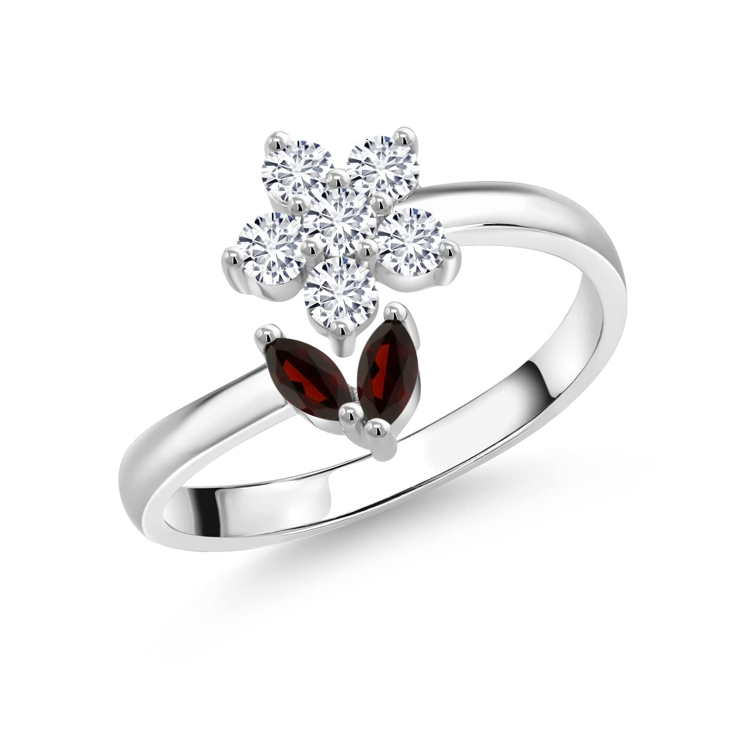 0.79 Ct Marquise Red Garnet & G-H Lab Grown Diamond 925 Sterling Silver Flower Open Ring for Women - Elegant Jewelry for Weddings, Parties & Special Occasions | Gem Stone King Keren Hanan Collection
