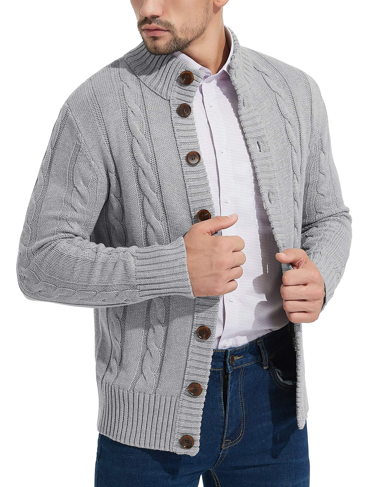 NITAGUT Men's Long Sleeve Stand Collar Cable Knit Cardigan Sweater with Buttons - Cozy Winter Pullover for Office, Dating & Casual Outfits