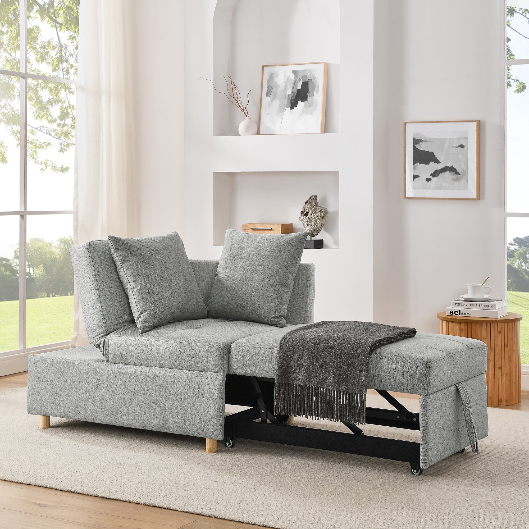 Convertible Sleeper Sofa Chair with Adjustable Backrest & Recliner - Pullout Sofa Bed with Wheels for Small Spaces - Modern Linen Fabric Living Room Furniture (Grey) - Perfect for Apartments, Dorms & Guest Rooms