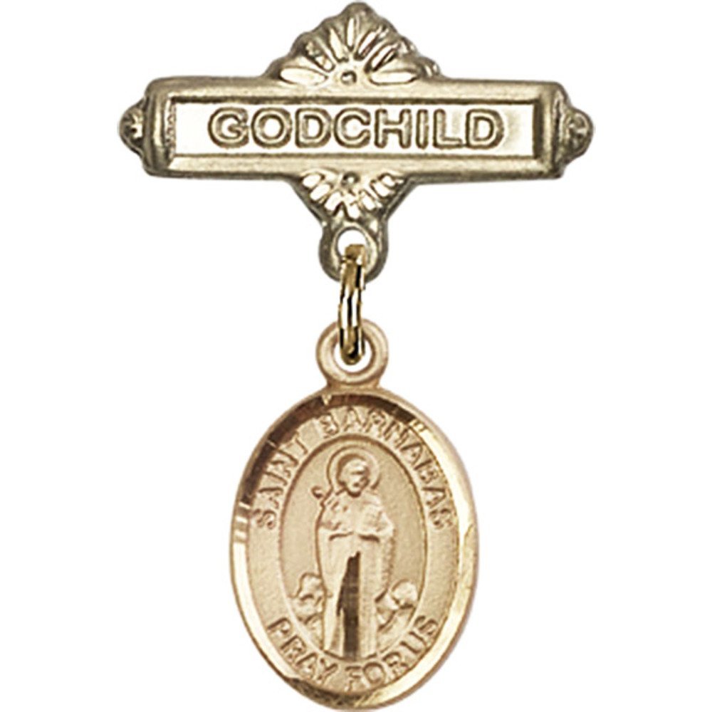 Gold Filled Baby Badge with St. Barnabas Charm - Godchild Gift Pin 1 X 5/8 Inches - Perfect for Christenings, Baptisms & Special Occasions