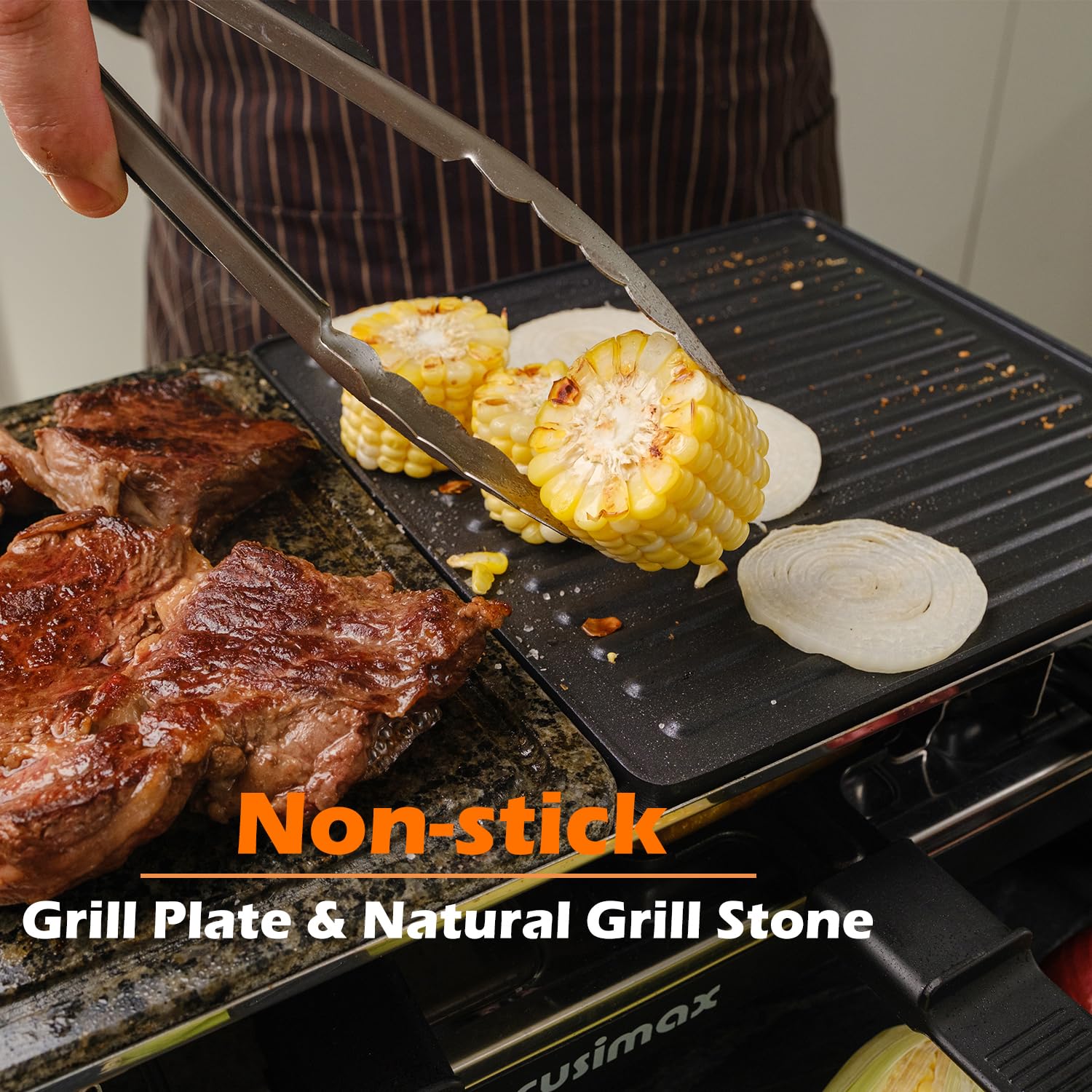 CUSIMAX Electric Raclette Grill - 1500W Portable Indoor Grill with 2-in-1 Reversible Non-Stick Plate & Natural Grill Stone - Korean BBQ Grill Set Includes 8 Pans & Wooden Spatulas - Perfect for Home Cooking, Parties & Family Gatherings