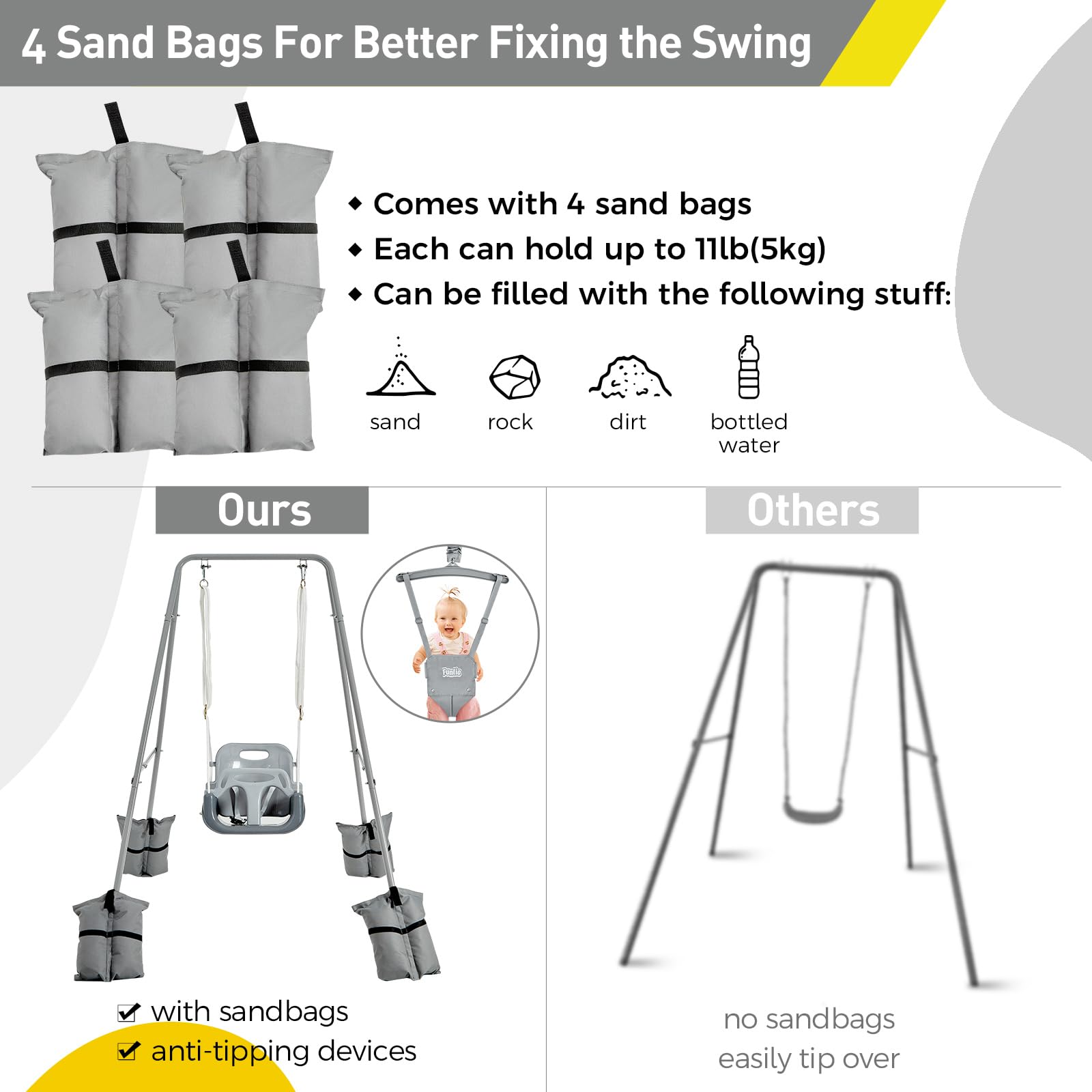 FUNLIO 2-in-1 Baby Swing and Jumper for Toddlers | Heavy Duty Kids Swing Set with Foldable Metal Stand | Includes 4 Sandbags for Stability | Indoor/Outdoor Play Equipment | Easy Assembly & Storage | Grey | Perfect for Backyard, Playroom or Daycare Use
