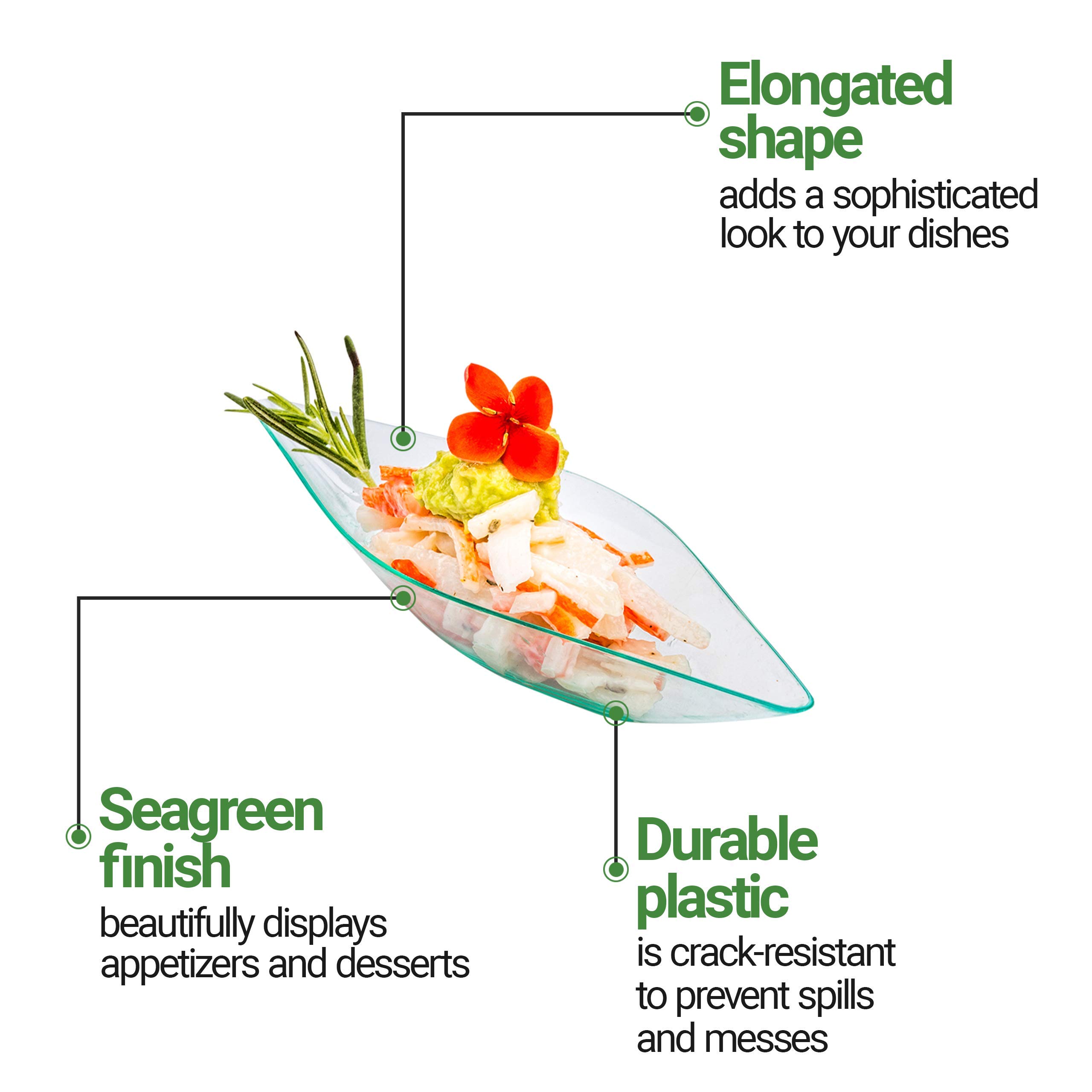 1 oz Disposable Dipping Sauce Bowls (100-Pack) - Seagreen Plastic Canoe-Shaped Small Dishes for Dips, Appetizers, Desserts, or Samples | Perfect for Restaurants, Catering, Parties, and Food Sampling Events