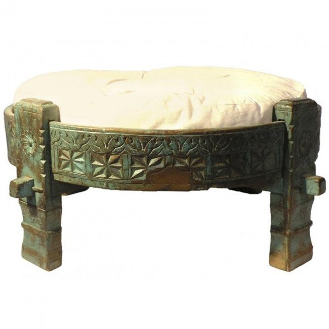 Hand Carved Chakki Tribal Grinder Ottoman - Authentic Wooden Mortar & Pestle for Spices, Herbs & Ayurvedic Remedies - Perfect for Indian Cooking, Home Decor & Yoga Spaces