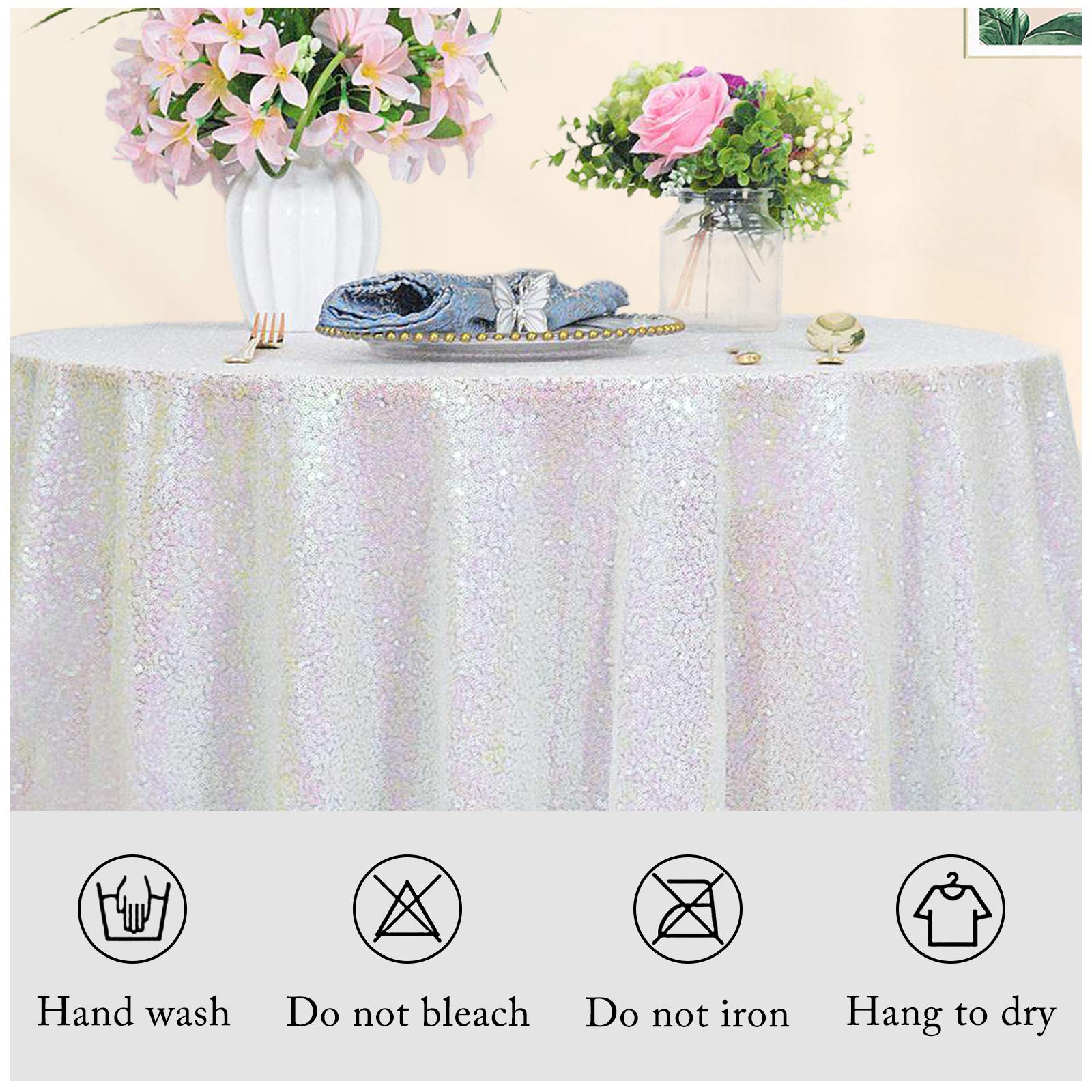 72 Inch Round Sequin Tablecloth - Iridescent White Glitter Table Cover for Parties, Weddings & Thanksgiving | Sparkling Dining Room & Dessert Table Decor