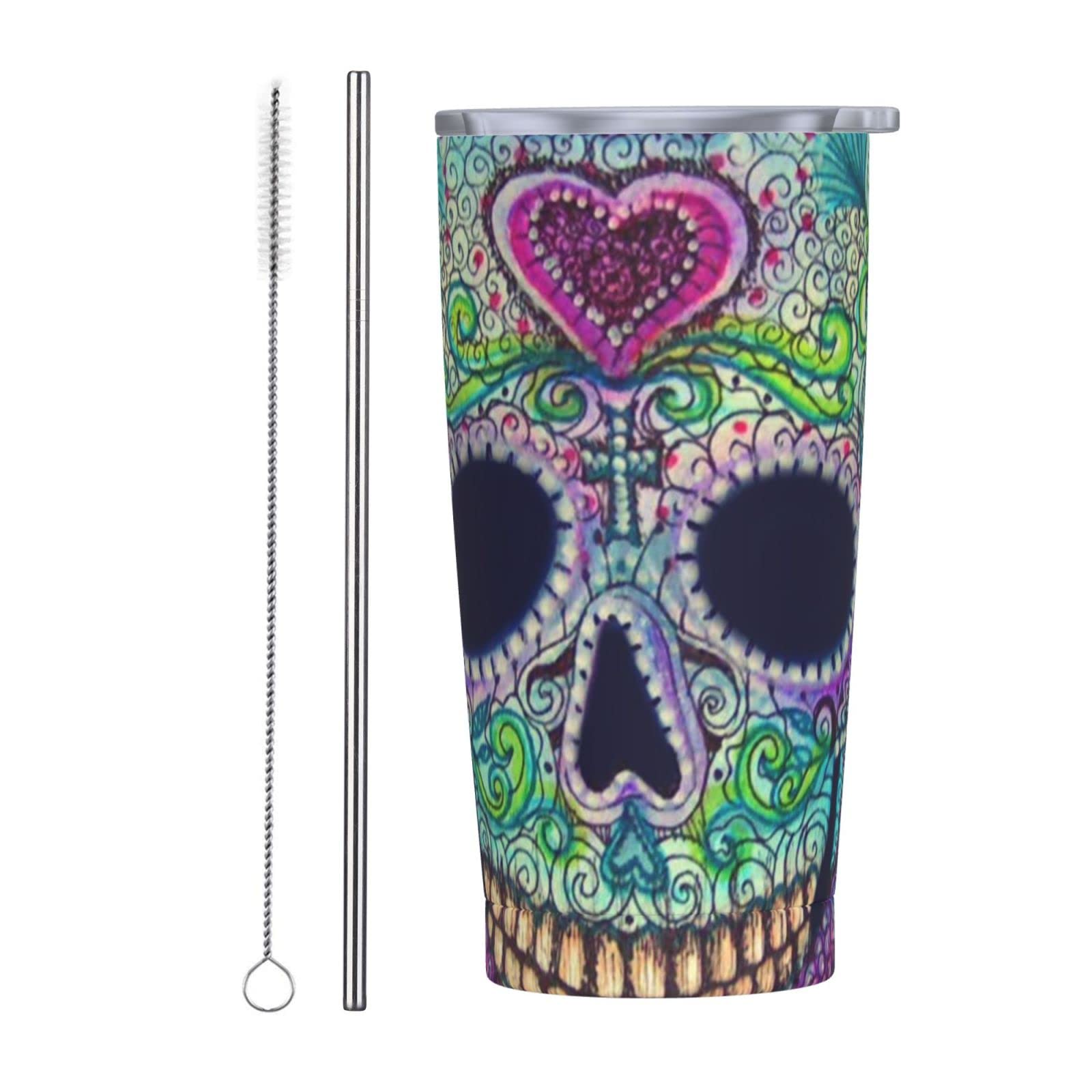 SWEET TANG Spill-Proof Coffee Mug with Straw - 20oz Vacuum Insulated Stainless Steel Tumbler, Colorful Sugar Skull Floral Design, Reusable Travel Cup for Hot/Cold Drinks - Perfect Gift for Men, Women, Office Use, Parties & Outdoor Activities