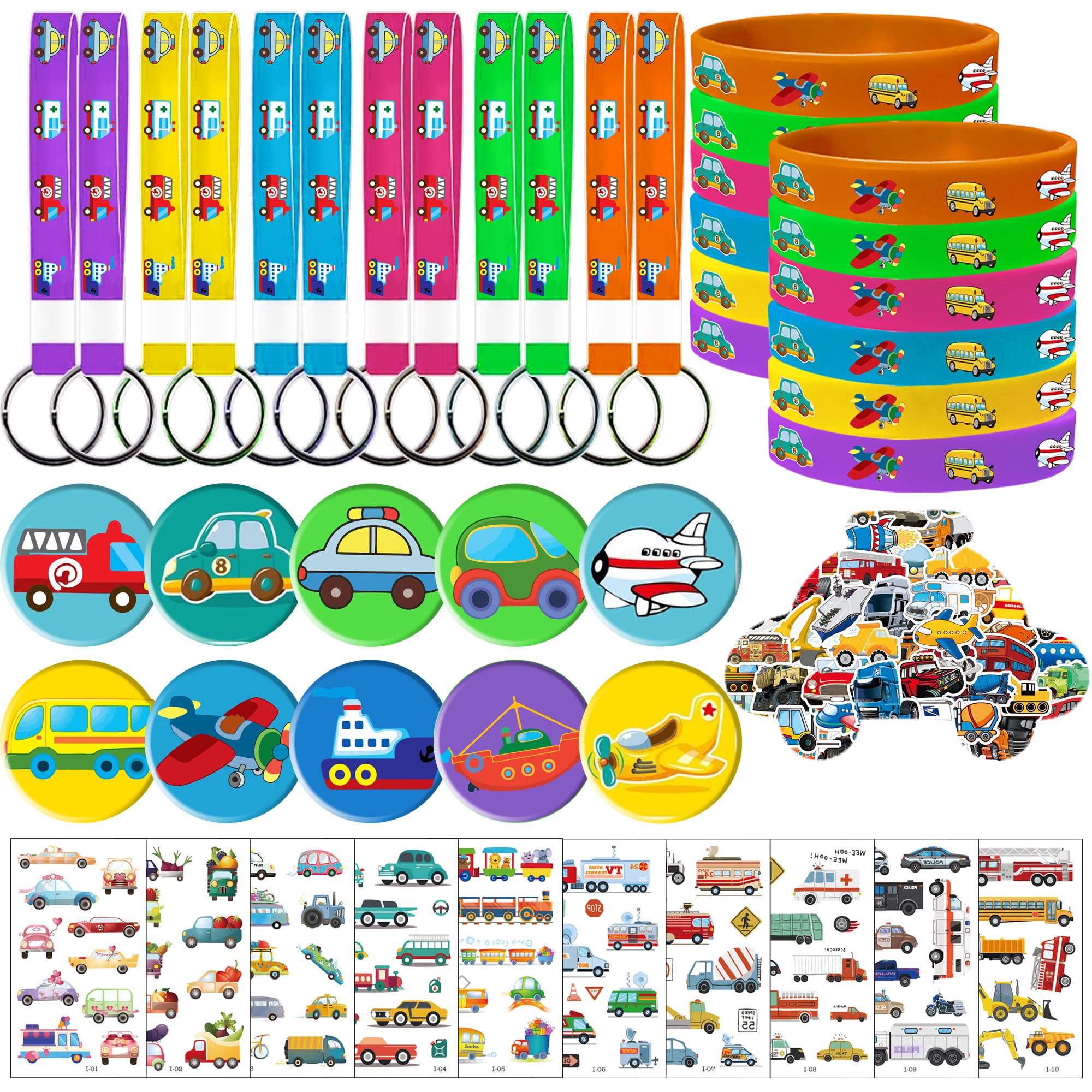 96PCS Transportation Party Favors Set - Key Chains, Bracelets, Button Pins, Temporary Tattoos & Stickers for Kids Birthday Party | Perfect for Transportation-Themed Celebrations, School Events & Goodie Bags