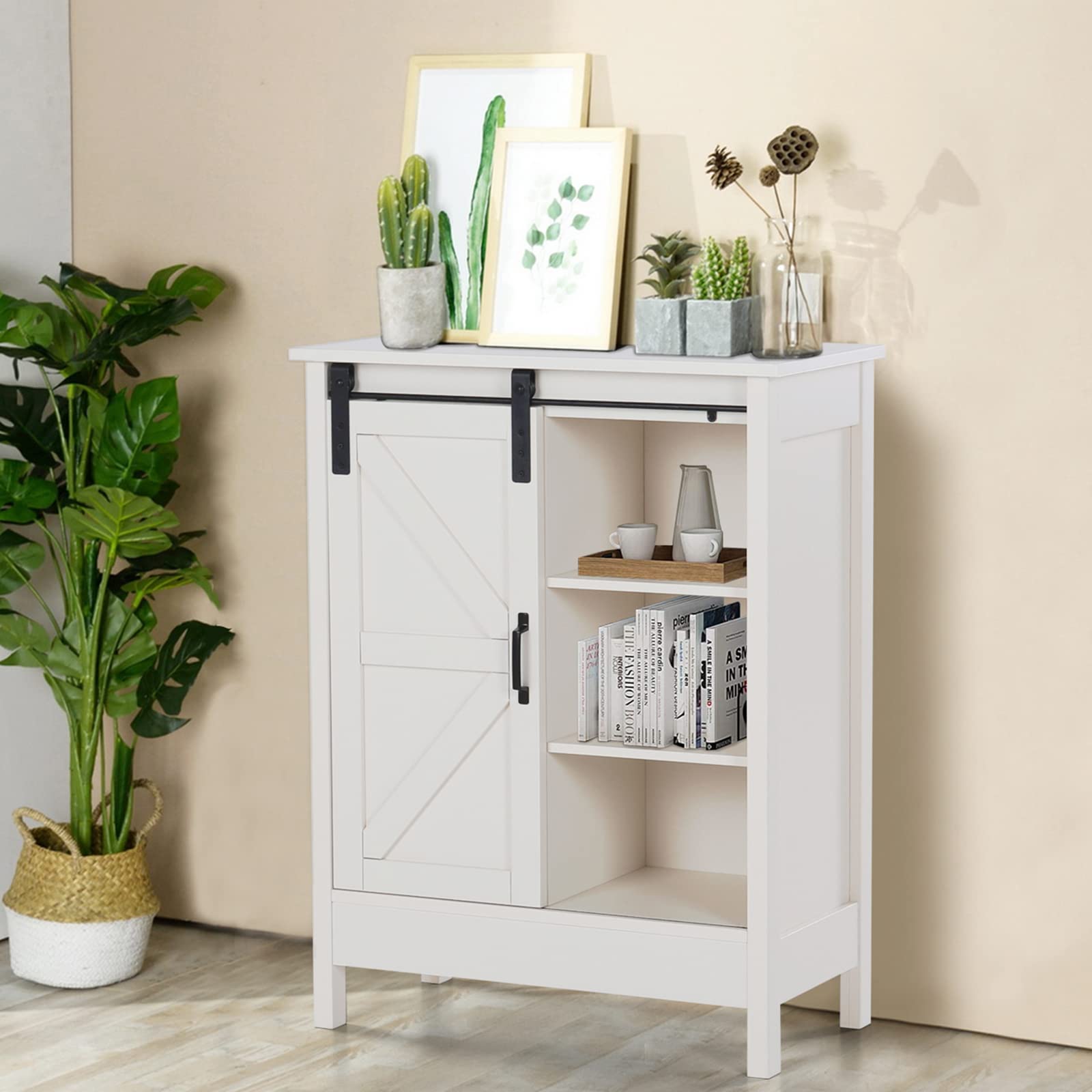 Farmhouse Style Sliding Barn Door Bathroom Floor Storage Cabinet - Creamy White Buffet & Sideboard for Living Room, Kitchen, Bedroom | Rustic Home Organization & Decor