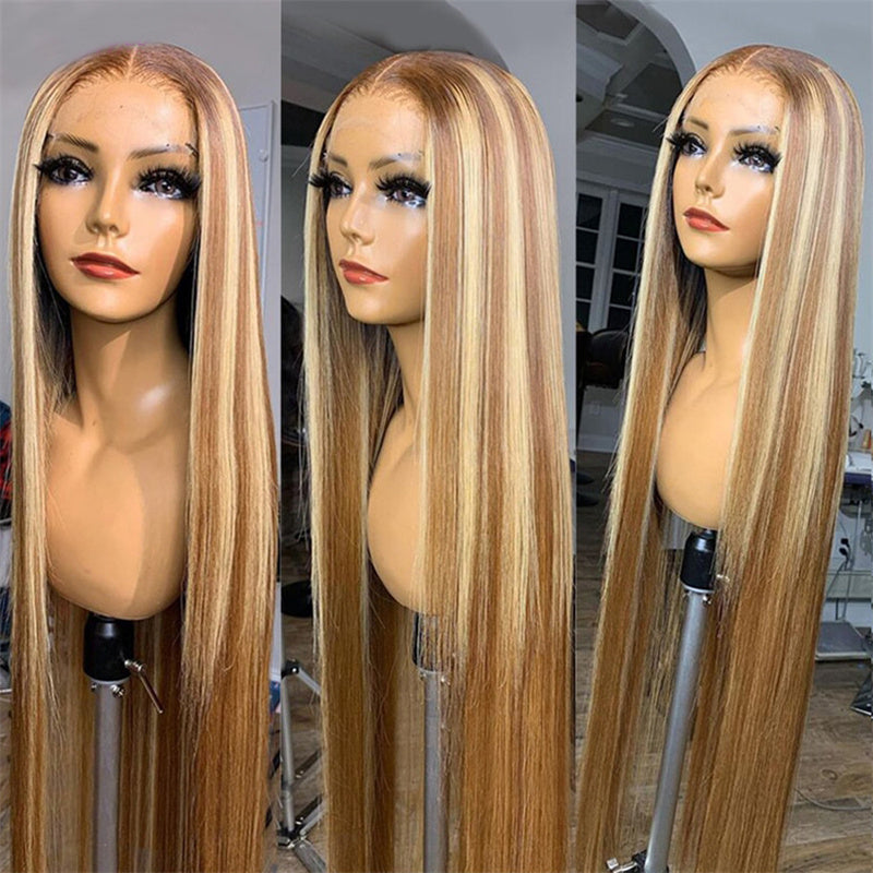 Eullair P8/613 Piano Highlights Body Wave 13×4 Lace Frontal Wig - Brown with Blonde Highlights Straight Human Hair Wig for Women | Perfect for Daily Wear, Parties & Special Occasions