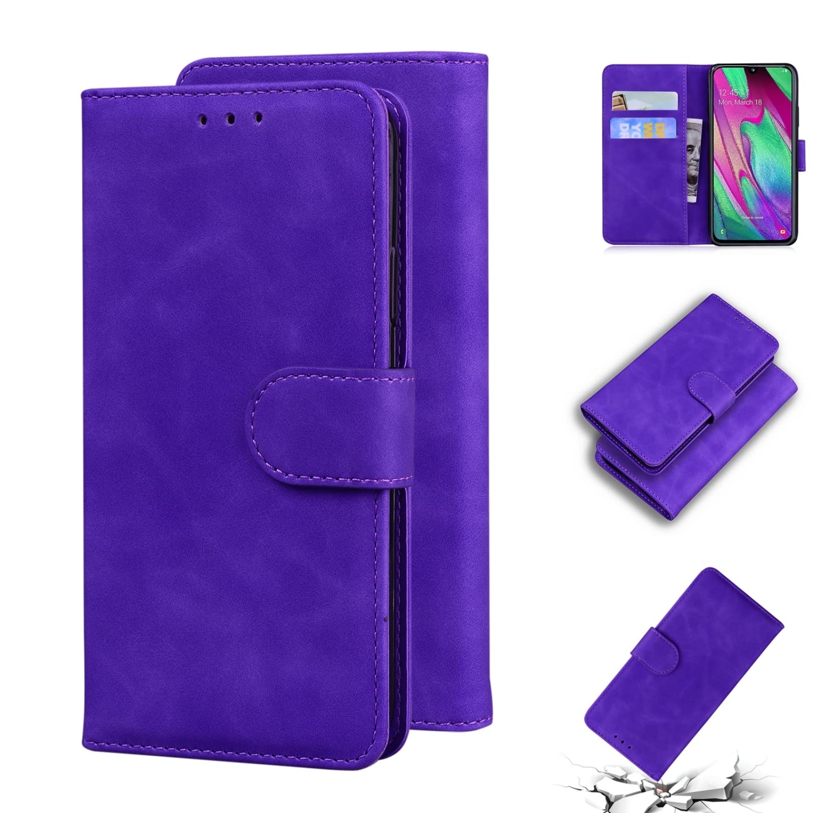 Samsung Galaxy A40 Leather Phone Case - Premium Flip Cover with Skin Feel, Pure Color (Purple) for Protection & Style | Perfect for Work, Travel & Everyday Use