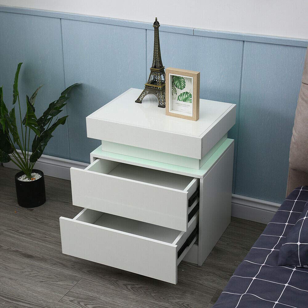 CNCEST White LED Nightstand with 2 Drawers - Modern Bedside Table with Touch Control Lights, UV High Gloss Storage Cabinet for Bedroom - Perfect for Small Spaces, Apartment Living & Bedside Organization