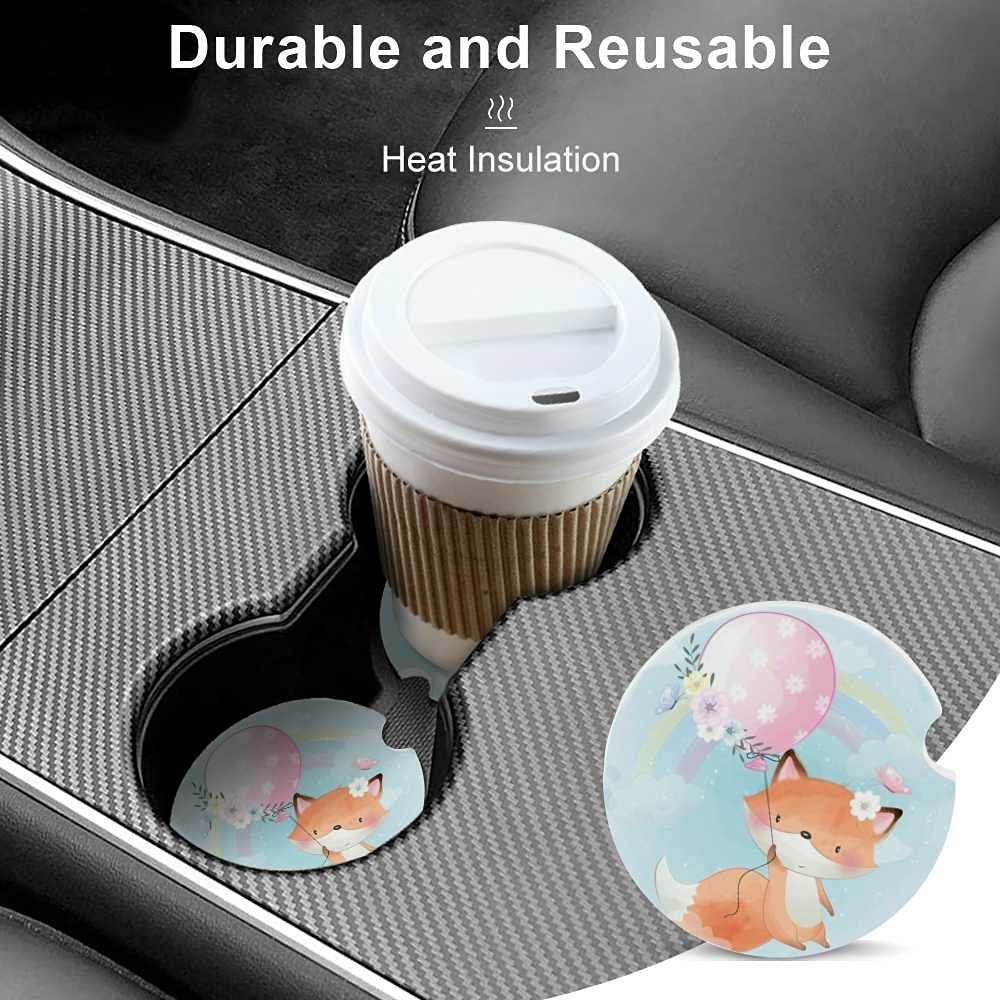 4 Pack Absorbent Ceramic Car Coasters for Cup Holders - Cute Fox with Balloon Design, 2.56 Inch Cork Base Auto Accessories with Finger Notch for Easy Removal (Set of 2) - Perfect for Cars, Trucks, SUVs & Office Desks