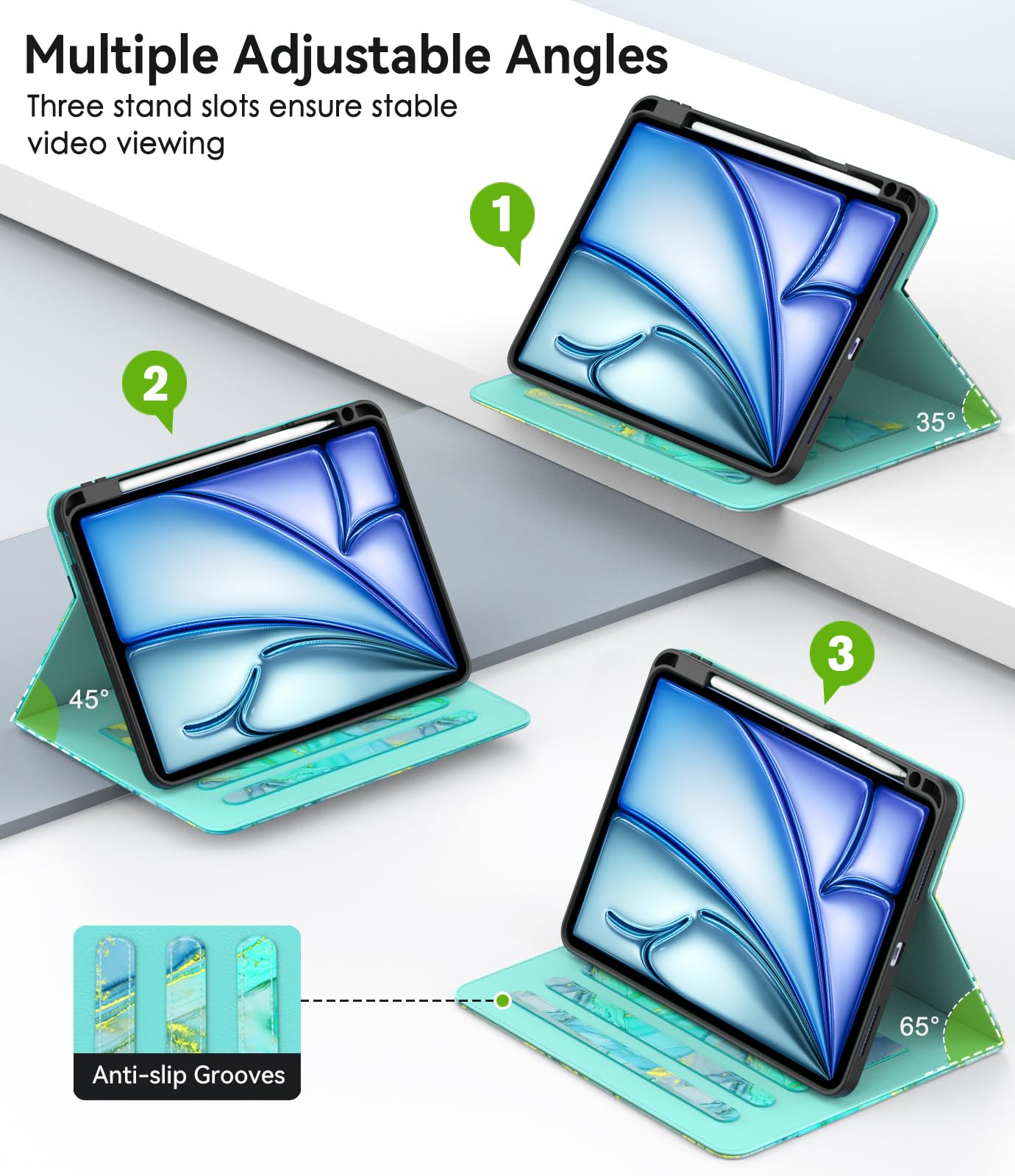 Premium Leather Case for iPad Air 11-inch M2 (2024) & iPad Pro 11 (1st-4th Gen) - Multi-Angle Stand with Apple Pencil Holder & Storage Pocket, Marble Green - Perfect for Work, Travel & Home Office Use