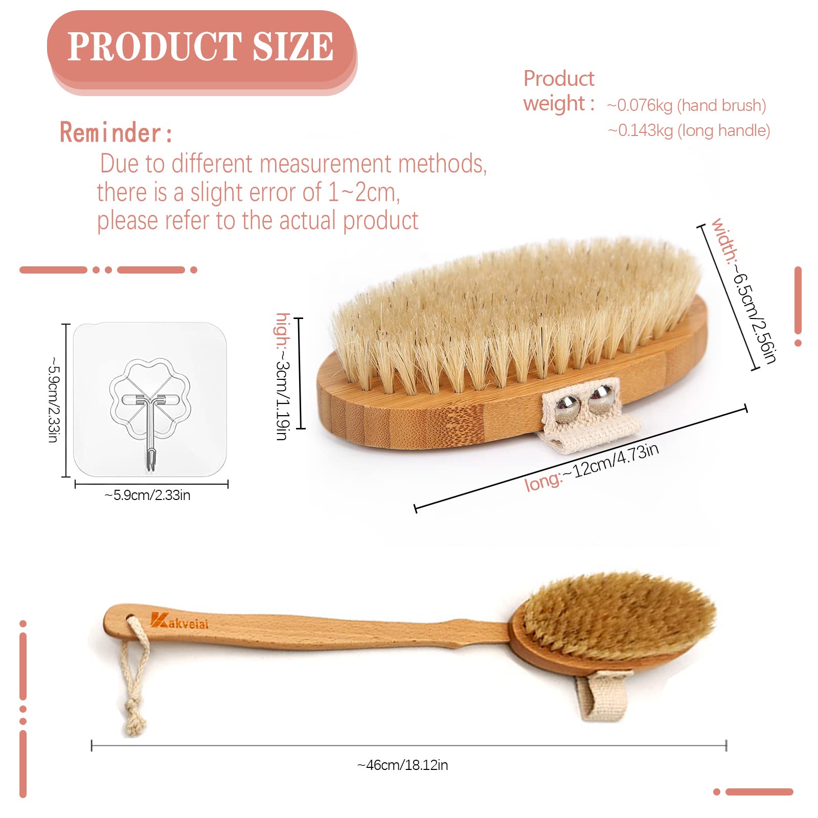 Long Handle Body Brush with Detachable Heads - Natural Bristles Back Scrubber & Exfoliating Shower Brush - Wooden Handle for Easy Skin Cleansing - Perfect for Spa, Dry Brushing & Shower Exfoliation