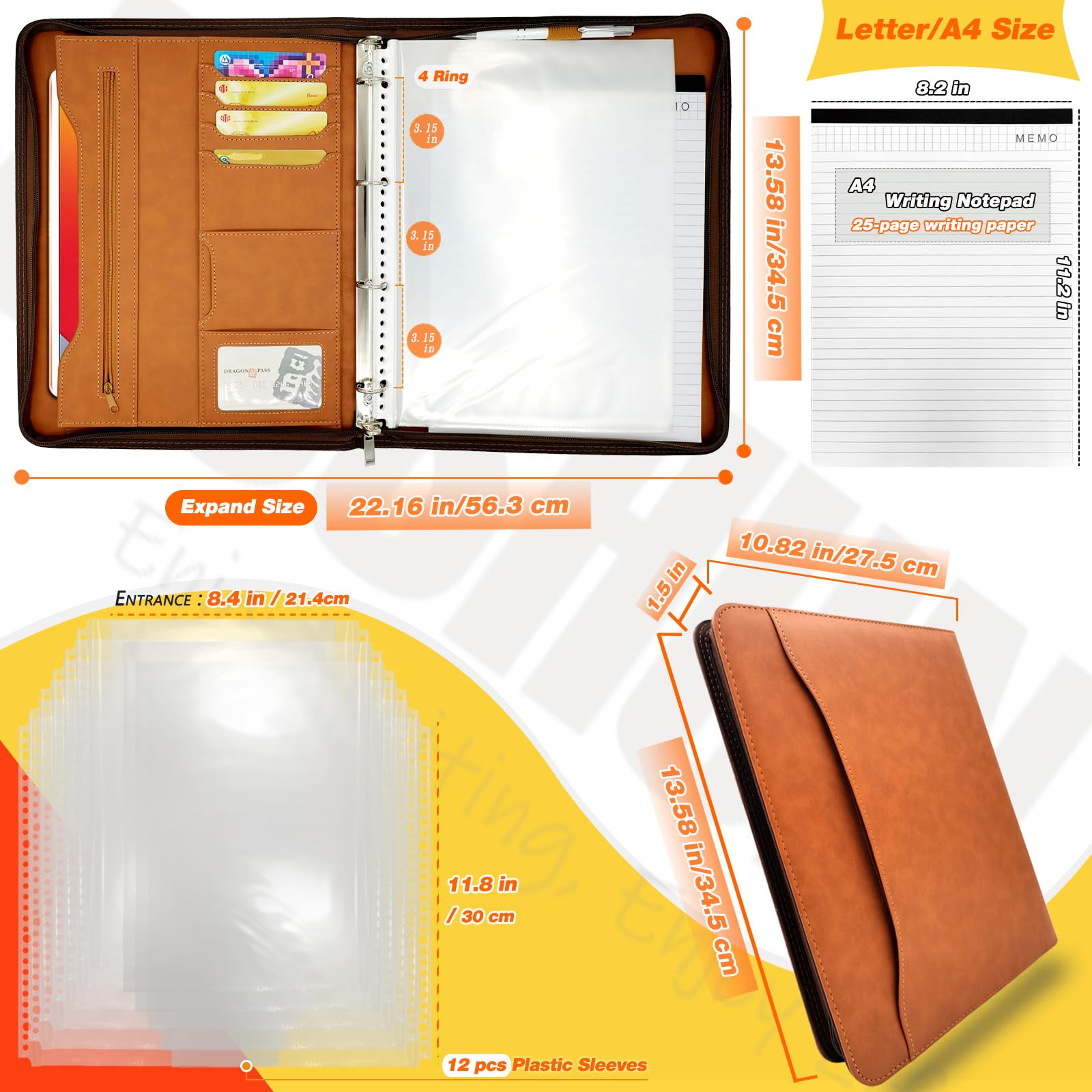 Premium PU Leather Zipper Portfolio Organizer - Professional Business Document Holder with 4-Ring Binder, Exterior Pocket & Card Slots - Perfect for Resumes, Passports, Tickets & Office Essentials (Brown) - Ideal for Business Meetings, Job Interviews & Travel Organization