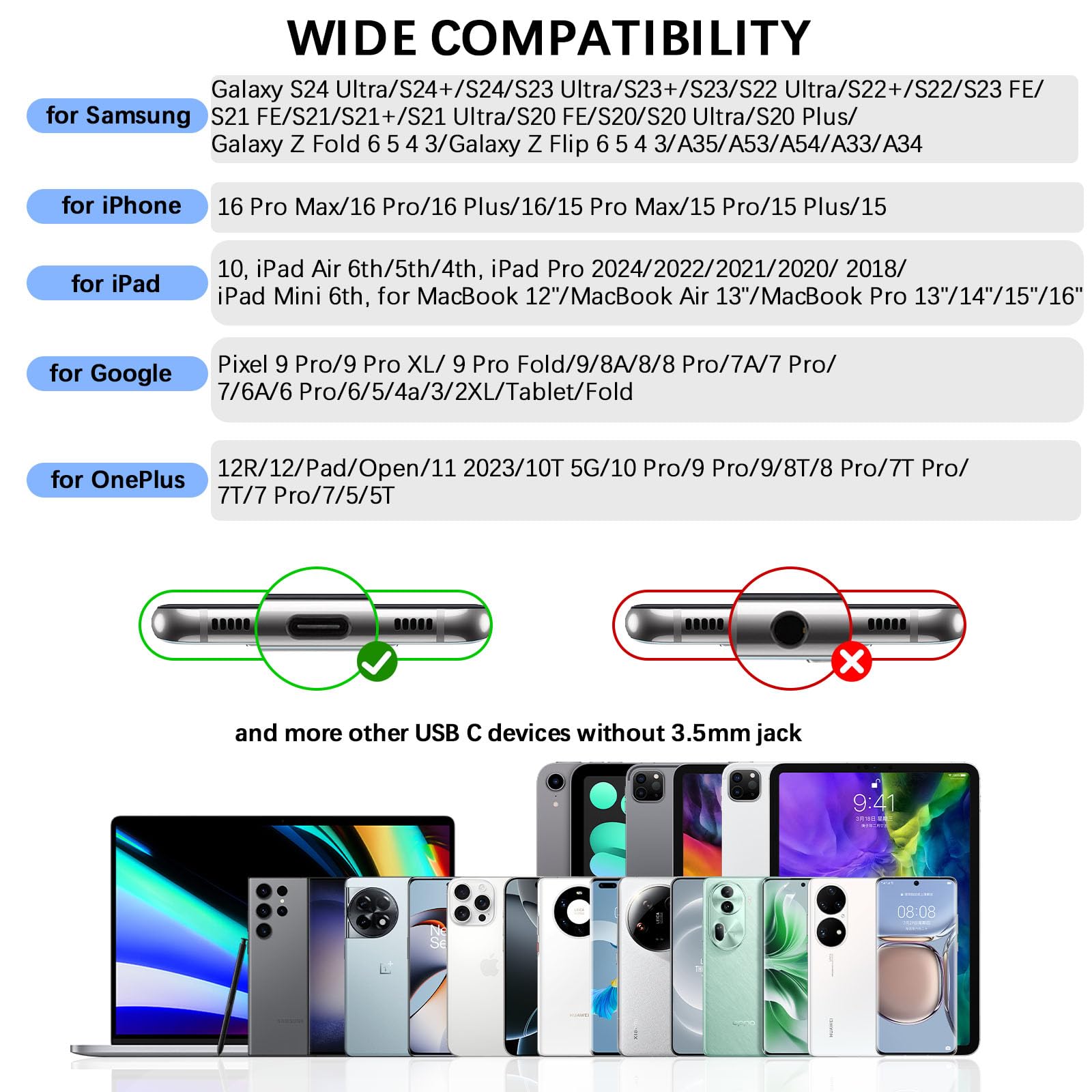 USB C Headphones with Microphone - HiFi Stereo Wired Earbuds for Samsung Galaxy S25 Ultra/S24/S23/S22+, iPhone 16/15 Pro Max, Pixel 9/8/7 - Magnetic Case Included | Perfect for Gaming, Workouts & Commuting