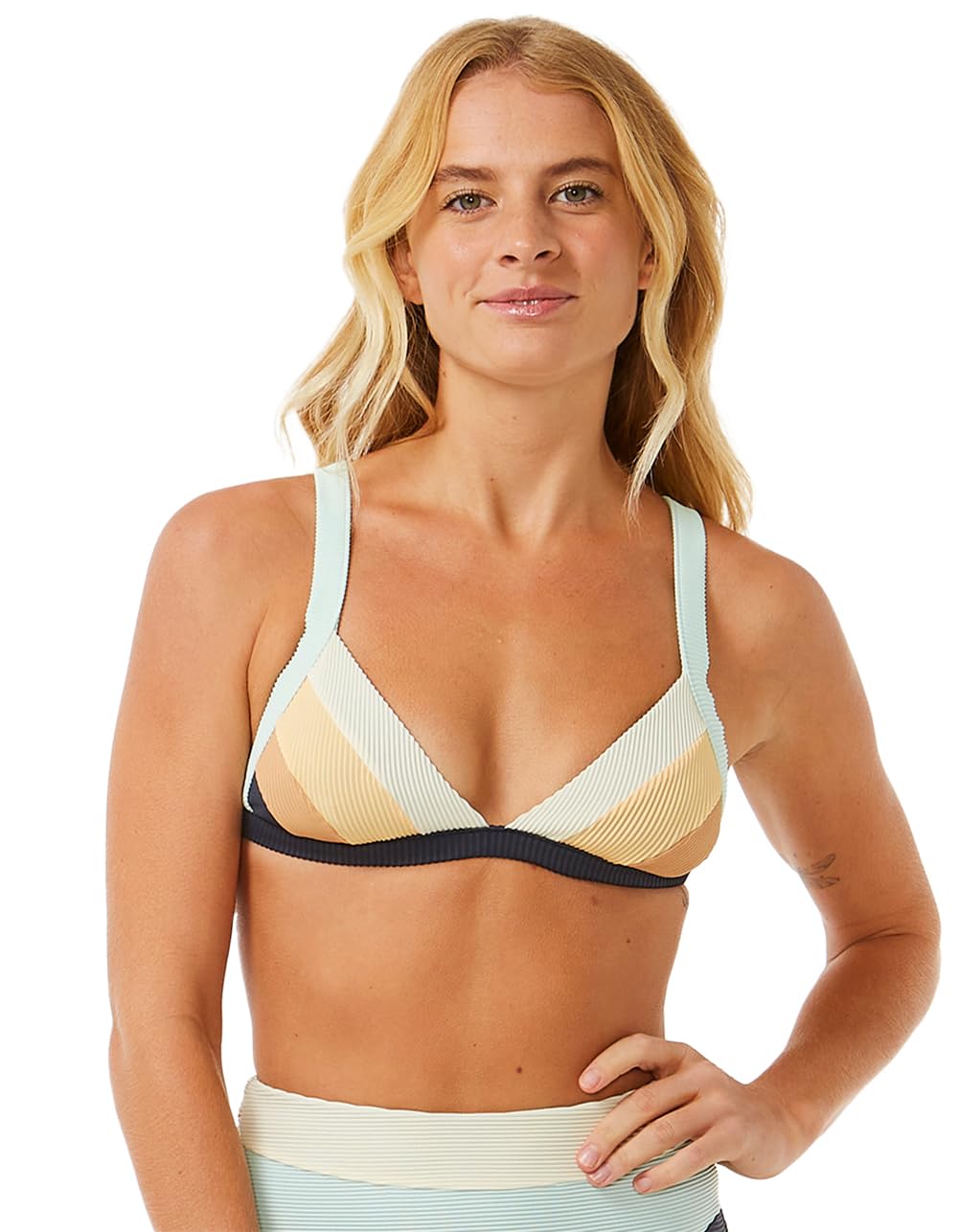 Rip Curl Block Party Spliced Fixed Triangle Bikini Top for Women - Summer Beach Swimwear & Surfing Essentials | Perfect for Pool Parties, Vacations and Water Sports