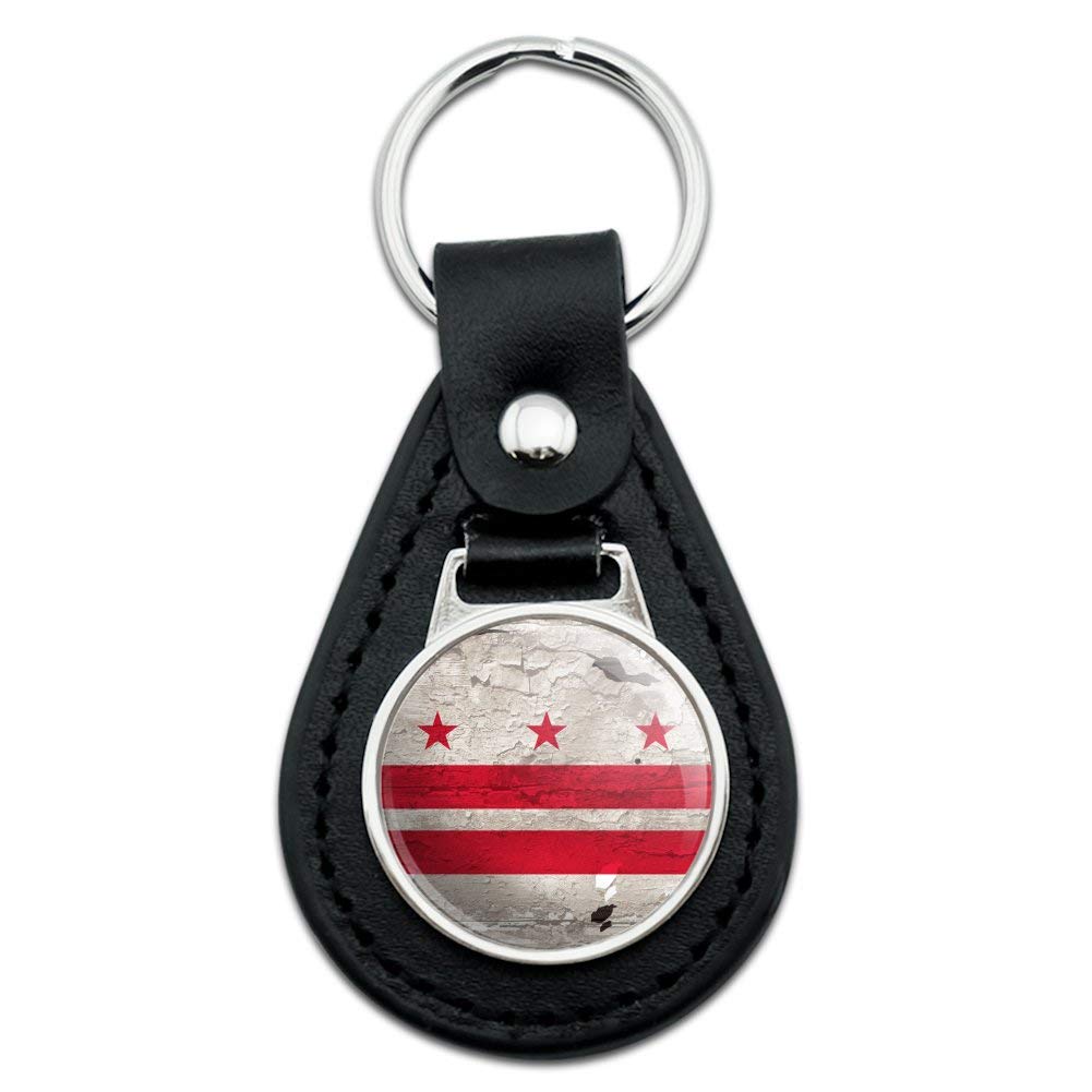 Vintage Black Leather Washington DC Flag Keychain - Distressed USA Map Design - Perfect for Travel Gifts & Souvenirs