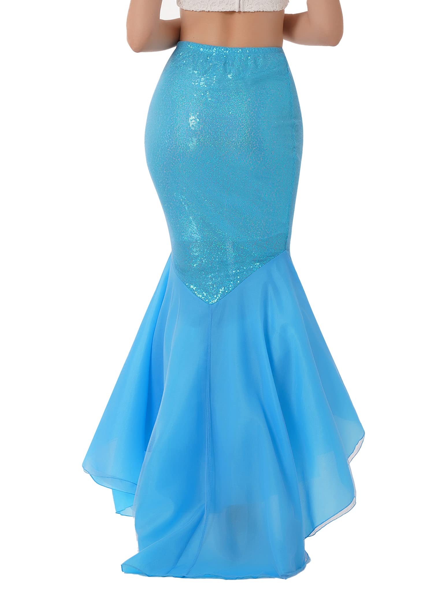 Women's Blue Mermaid Tail Halloween Costume - Sparkling Sequins Princess Maxi Skirt with Asymmetric Hem for Cosplay, Party & Dress Up | Perfect for Halloween, Themed Parties & Mermaid Costume Events