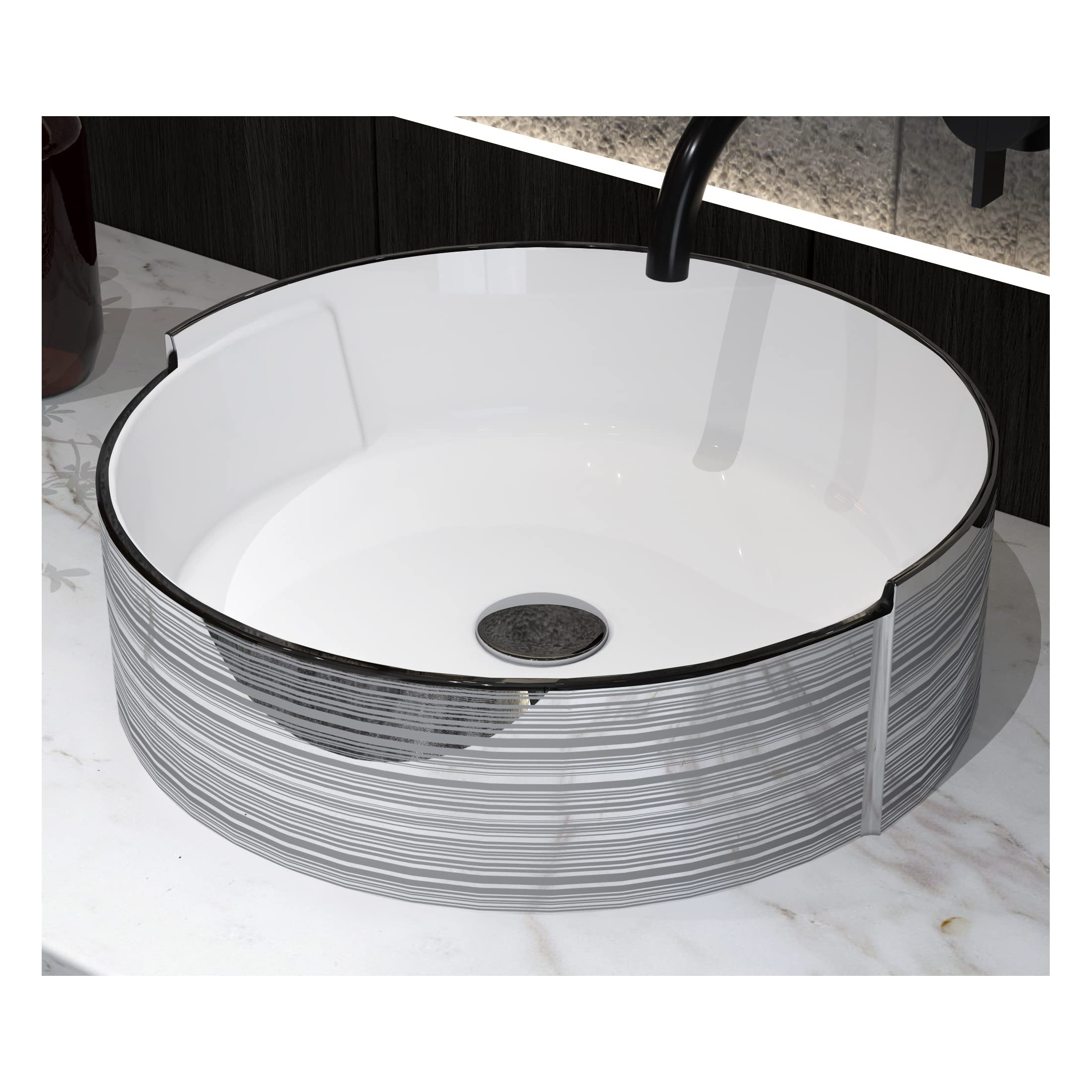 MEJE 16.75 Inch Modern Round Porcelain Vessel Sink - Elegant Silver Stripe Design, Above Counter Bathroom Basin with Pop-Up Drain - Perfect for Contemporary Bathrooms, Powder Rooms, and Vanity Makeovers